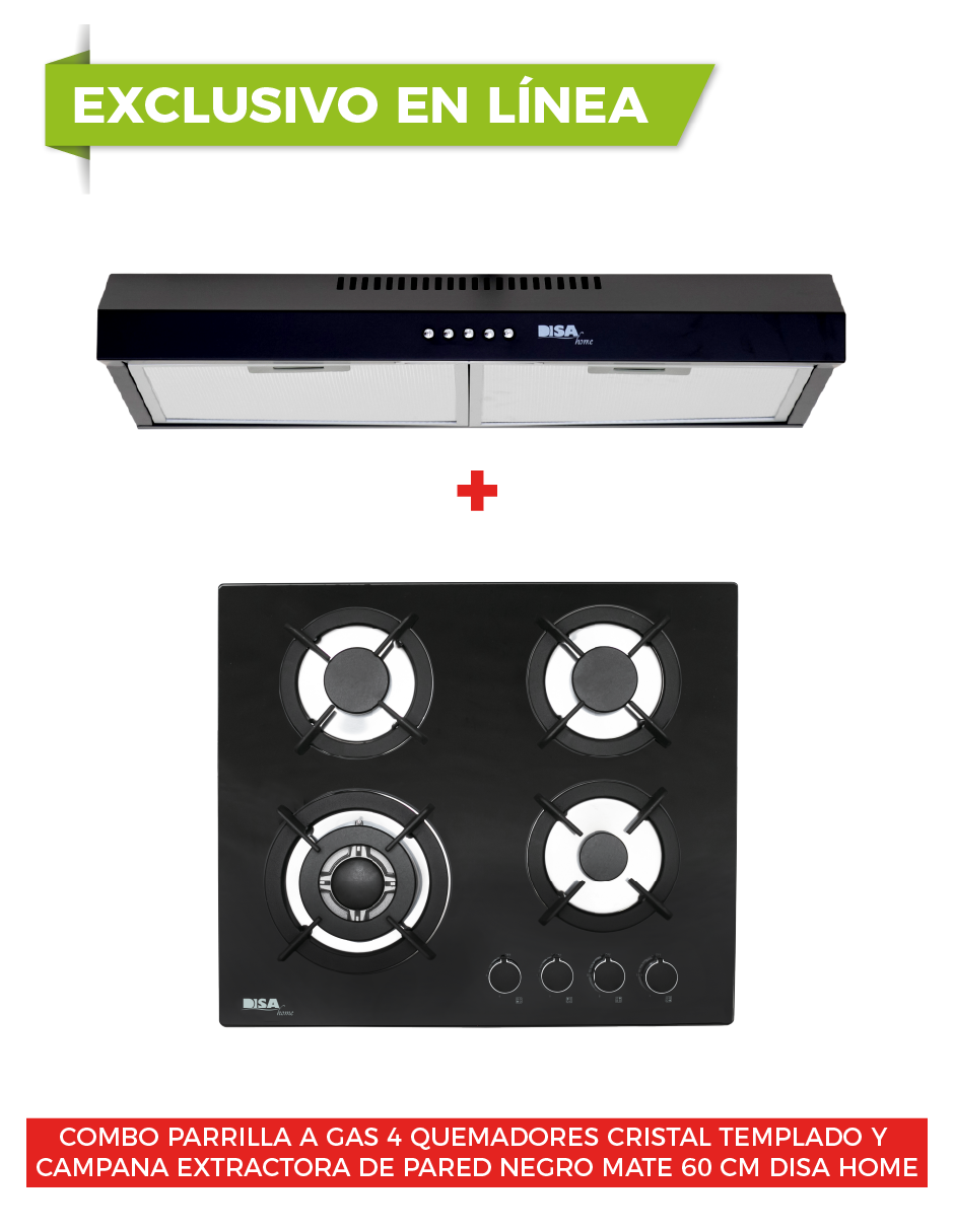 Combo DISA HOME Parrilla a Gas 4 Quemadores Cristal Templado Y Campana Extractora de Pared Negro Mate 60 cm DISA Home