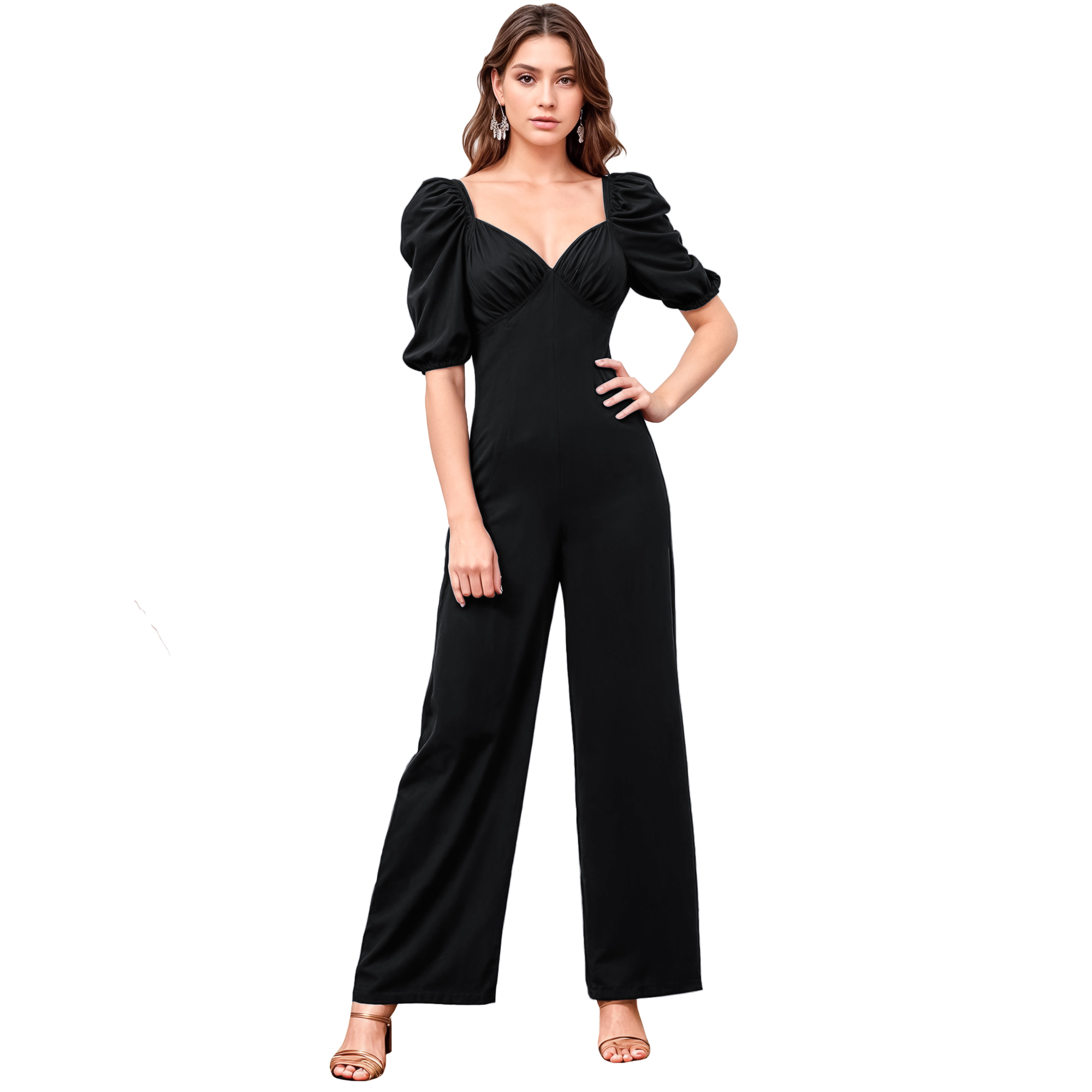 Jumper palazzo enterizo mono jumpsuit casual elegante fiesta largo, dama mujer xally 12D escote corazón manga Julieta