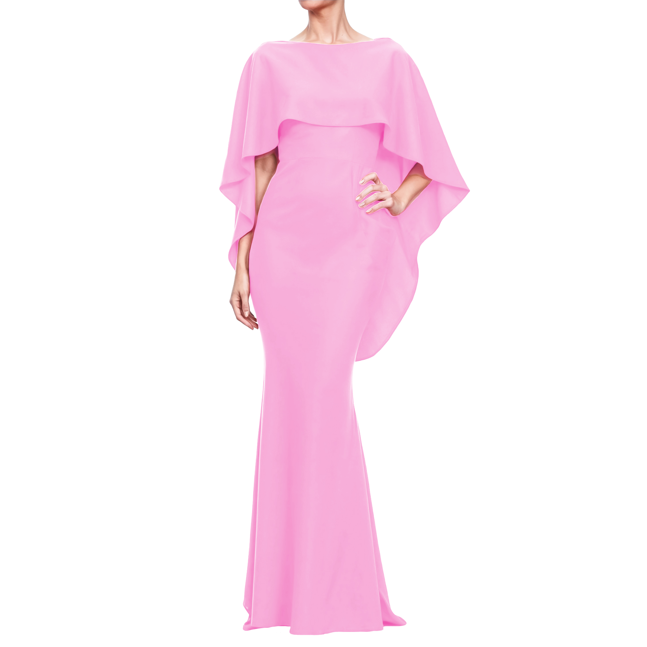 Vestido corte sirena elegante fiesta noche larga dama mujer Xally 19D cuello barco olan escote V parte de atrás