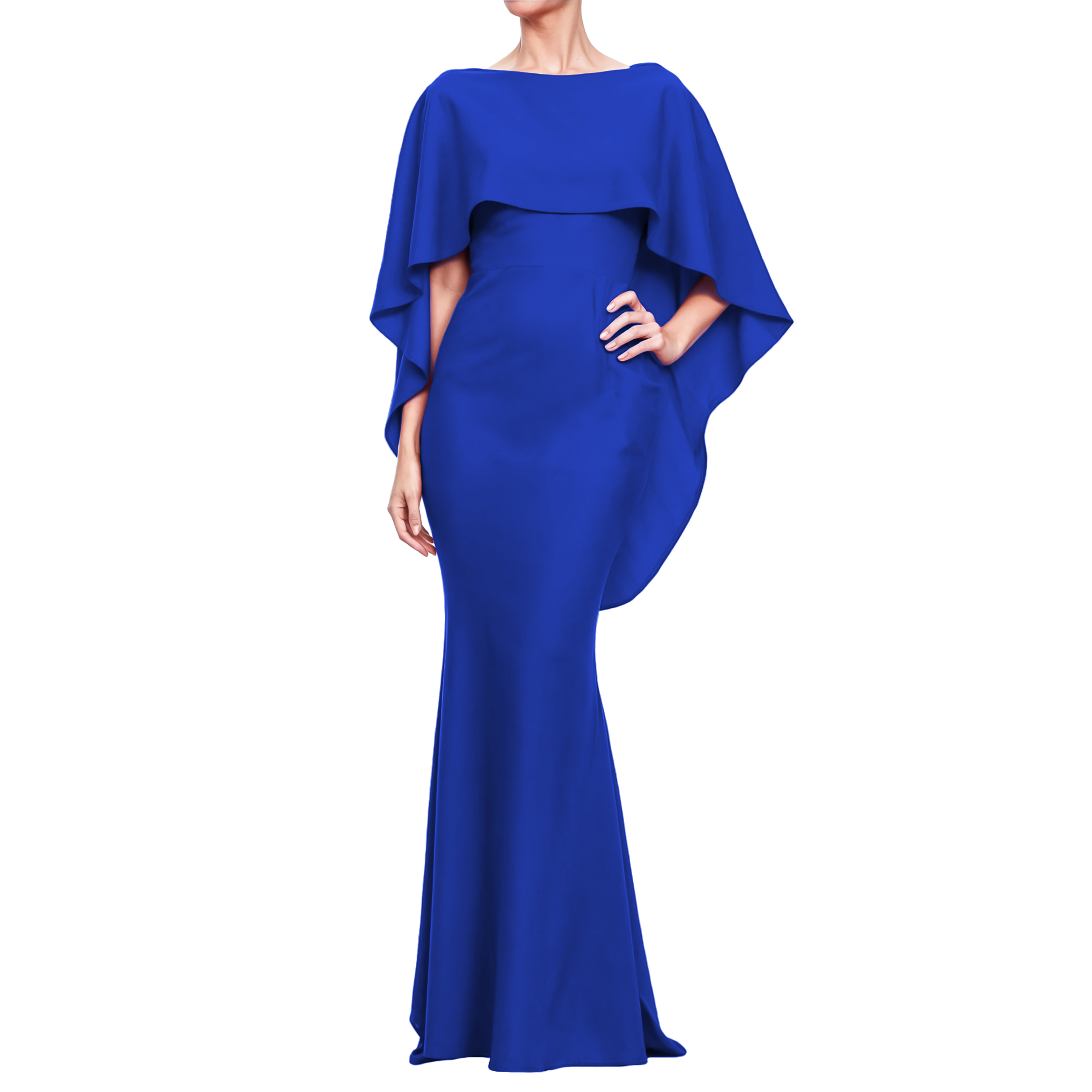 Vestido corte sirena elegante fiesta noche larga dama mujer Xally 19D cuello barco olan escote V parte de atrás