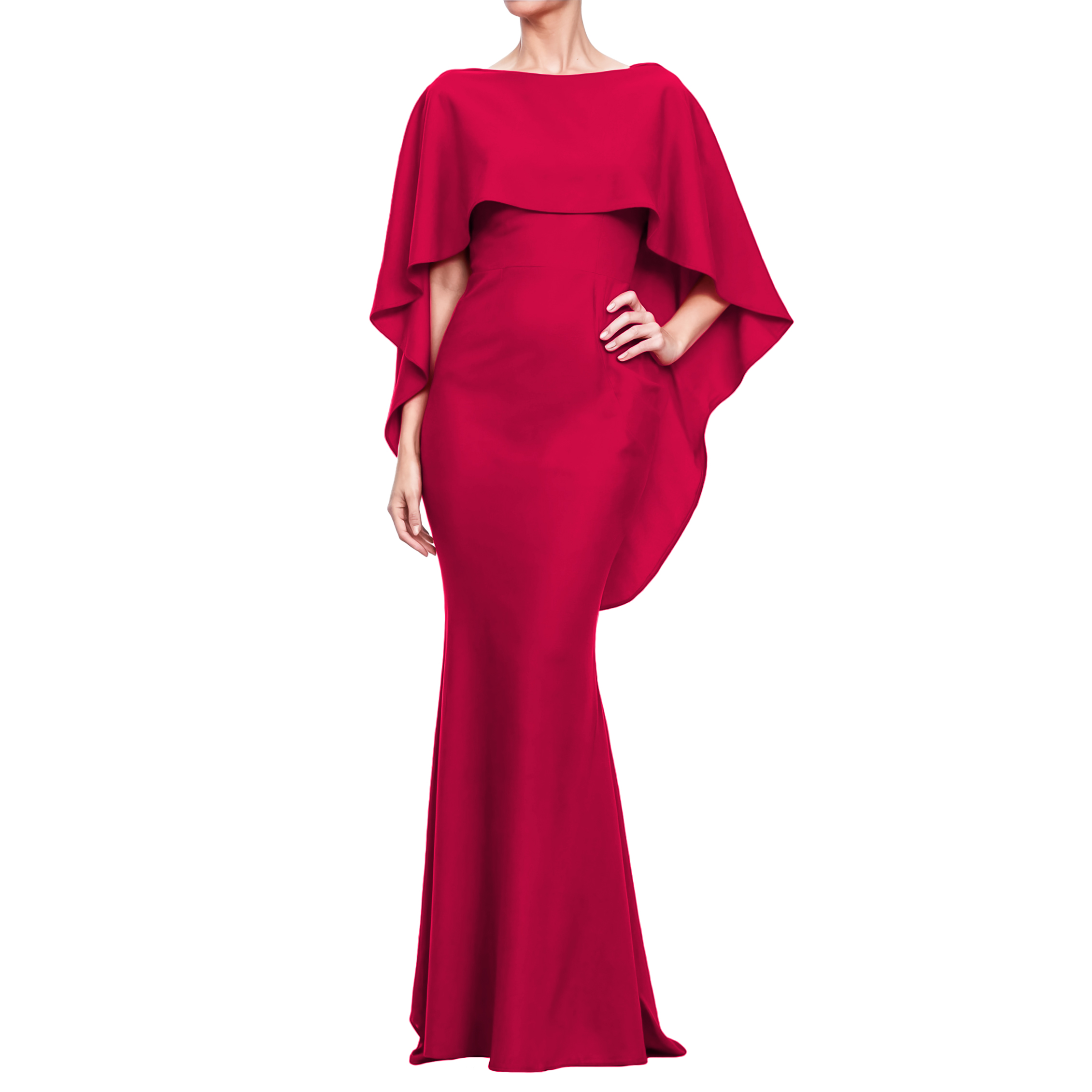 Vestido corte sirena elegante fiesta noche larga dama mujer Xally 19D cuello barco olan escote V parte de atrás