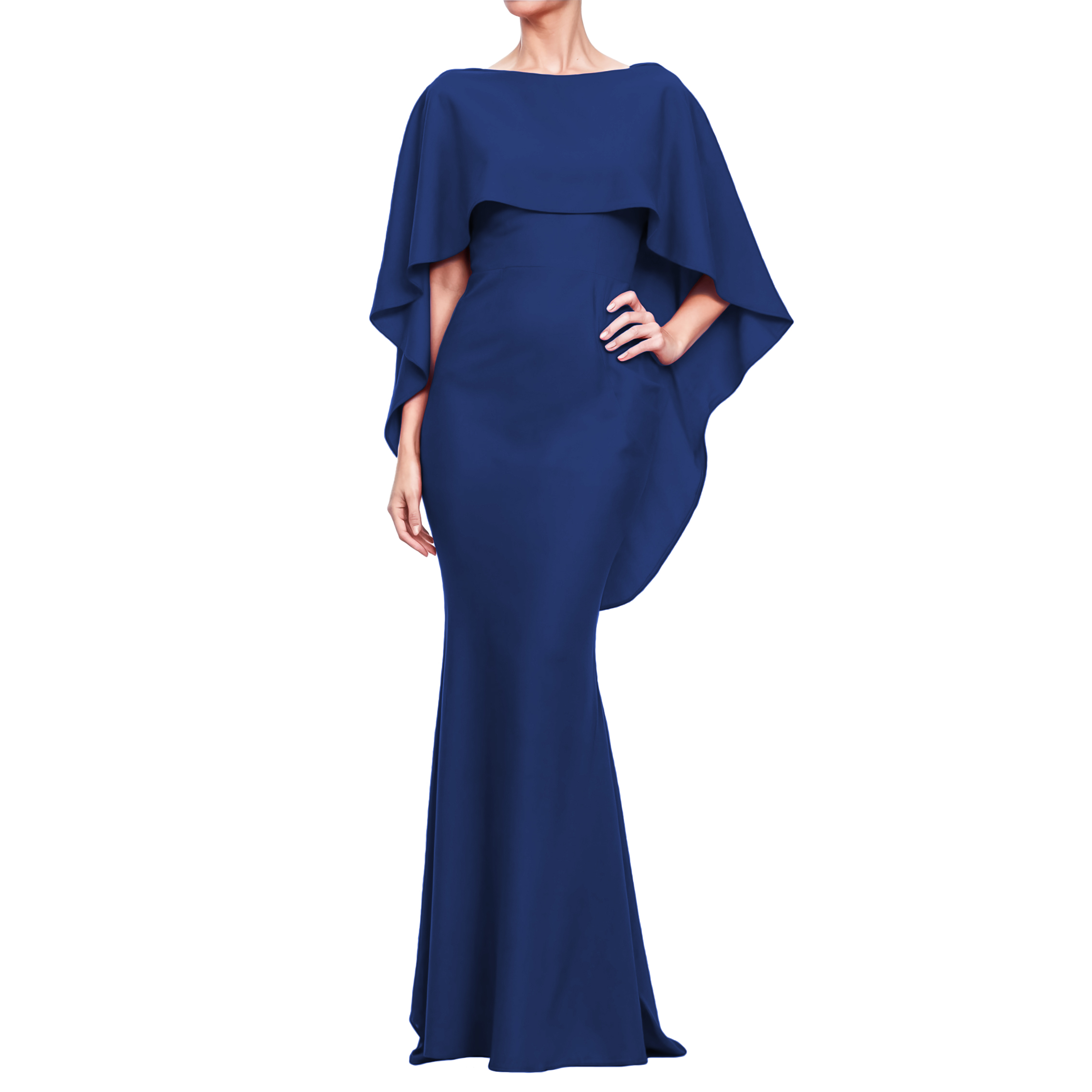 Vestido corte sirena elegante fiesta noche larga dama mujer Xally 19D cuello barco olan escote V parte de atrás