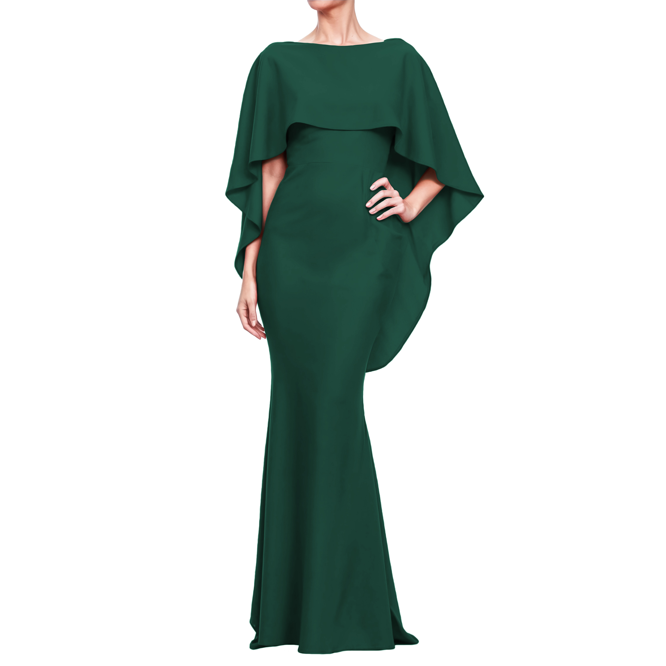 Vestido corte sirena elegante fiesta noche larga dama mujer Xally 19D cuello barco olan escote V parte de atrás