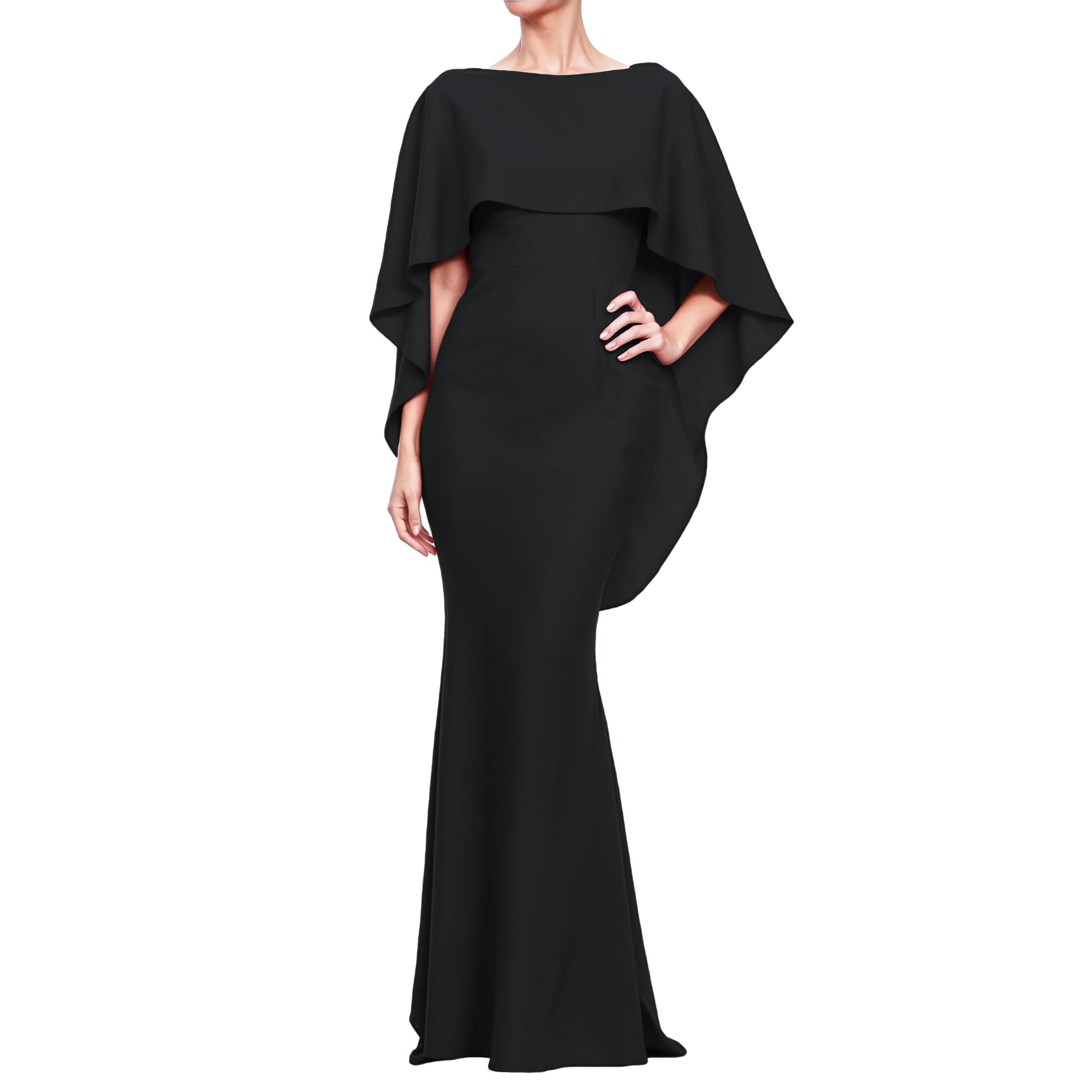 Vestido corte sirena elegante fiesta noche larga dama mujer Xally 19D cuello barco olan escote V parte de atrás