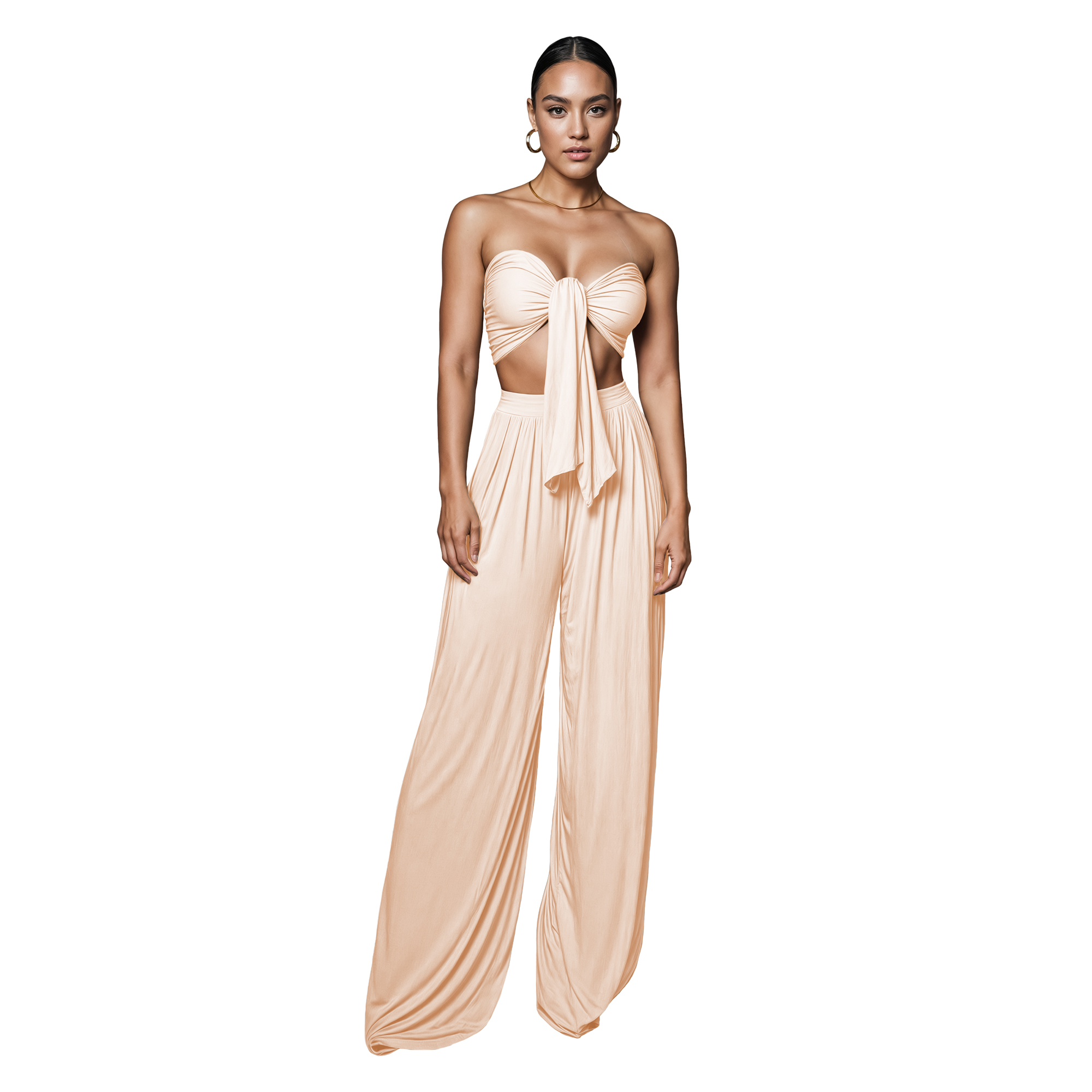 Conjunto de moda elegante dama mujer Xally 2438 pantalón amplio con pinzas tiro alto top mujer cinta.