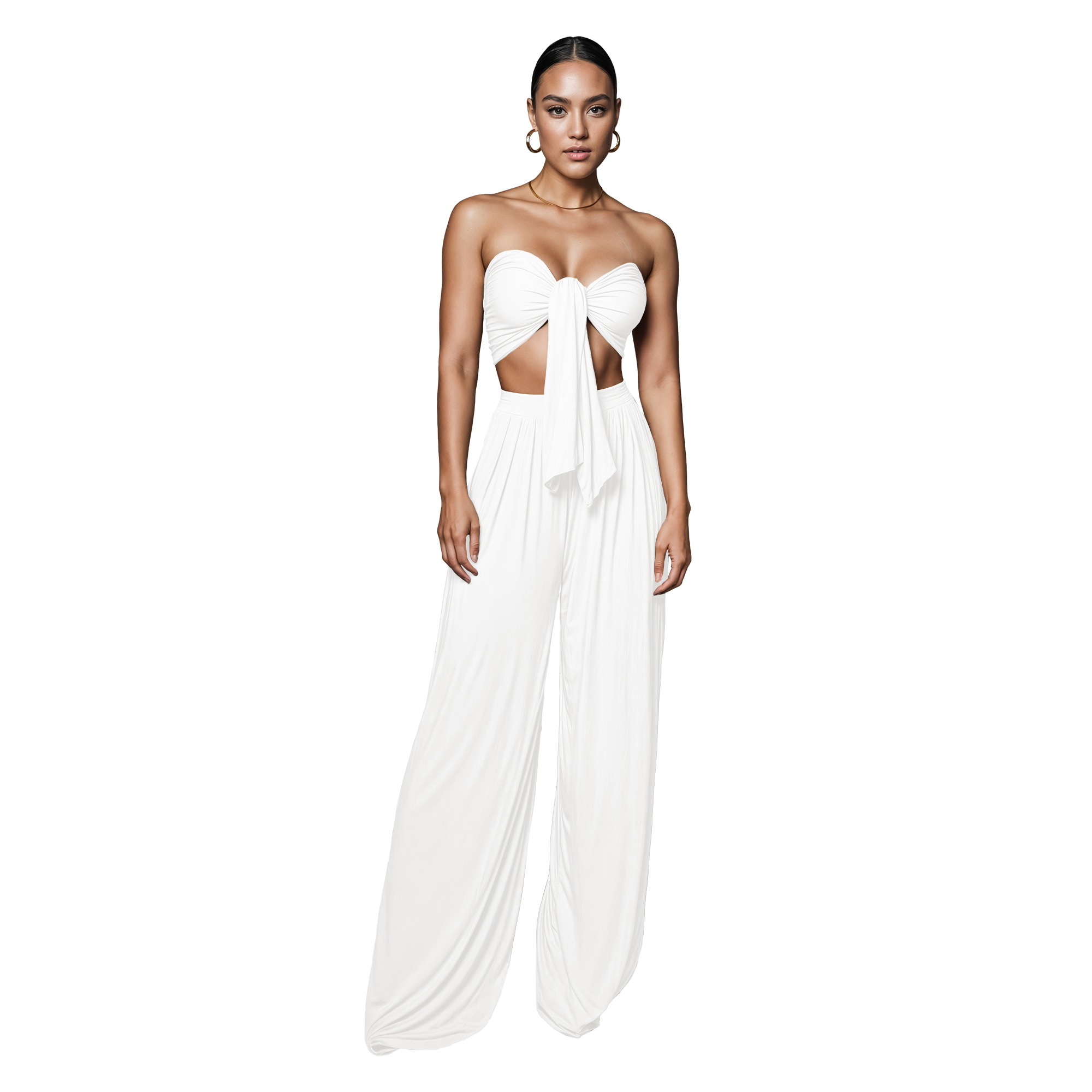 Conjunto de moda elegante dama mujer Xally 2438 pantalón amplio con pinzas tiro alto top mujer cinta.