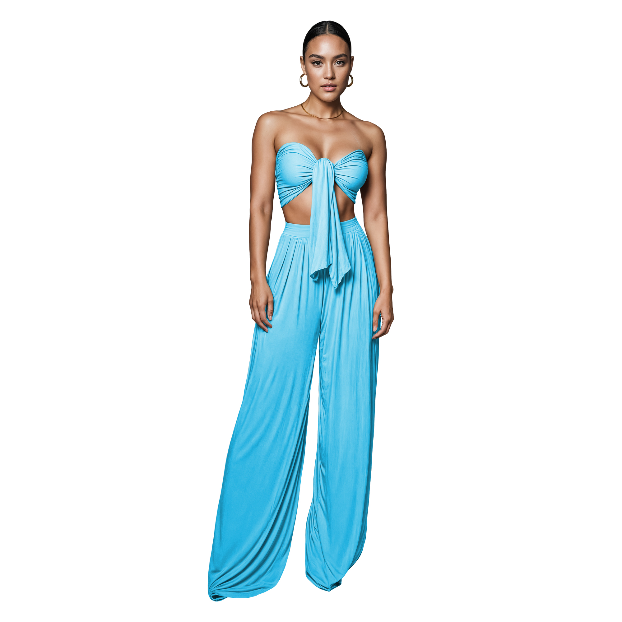 Conjunto de moda elegante dama mujer Xally 2438 pantalón amplio con pinzas tiro alto top mujer cinta.