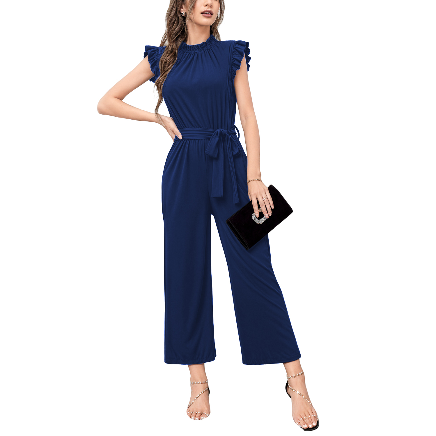 Jumper palazzo enterizo mono jumpsuit casual elegante xally 2302 cuello redondo cinturón manga circular