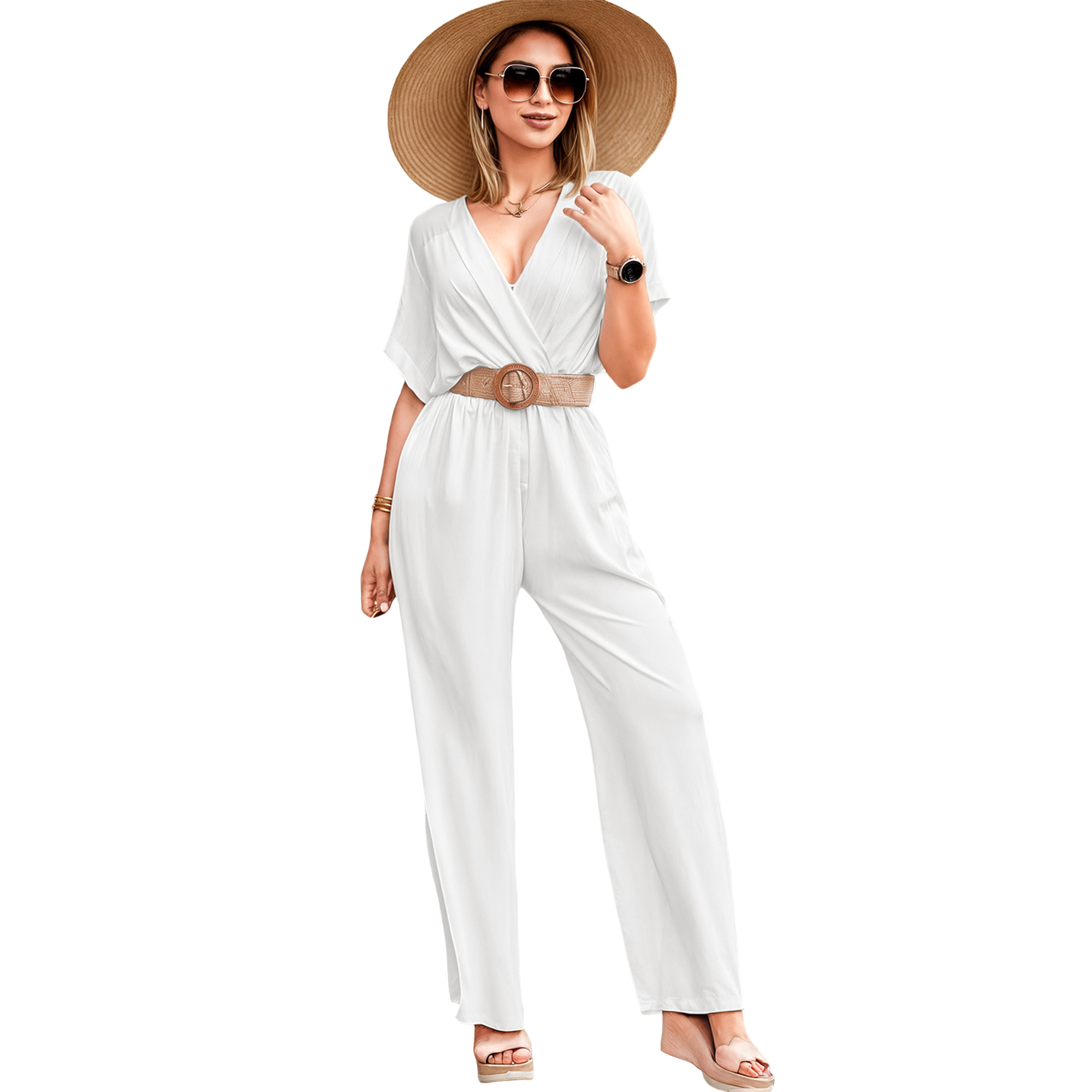 Jumper palazzo enterizo mono jumpsuit cruzado casual elegante xally 2318 escote V manga cuadrada