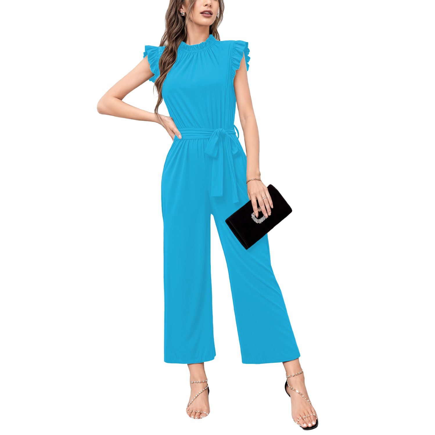 Jumper palazzo enterizo mono jumpsuit casual elegante xally 2302 cuello redondo cinturón manga circular