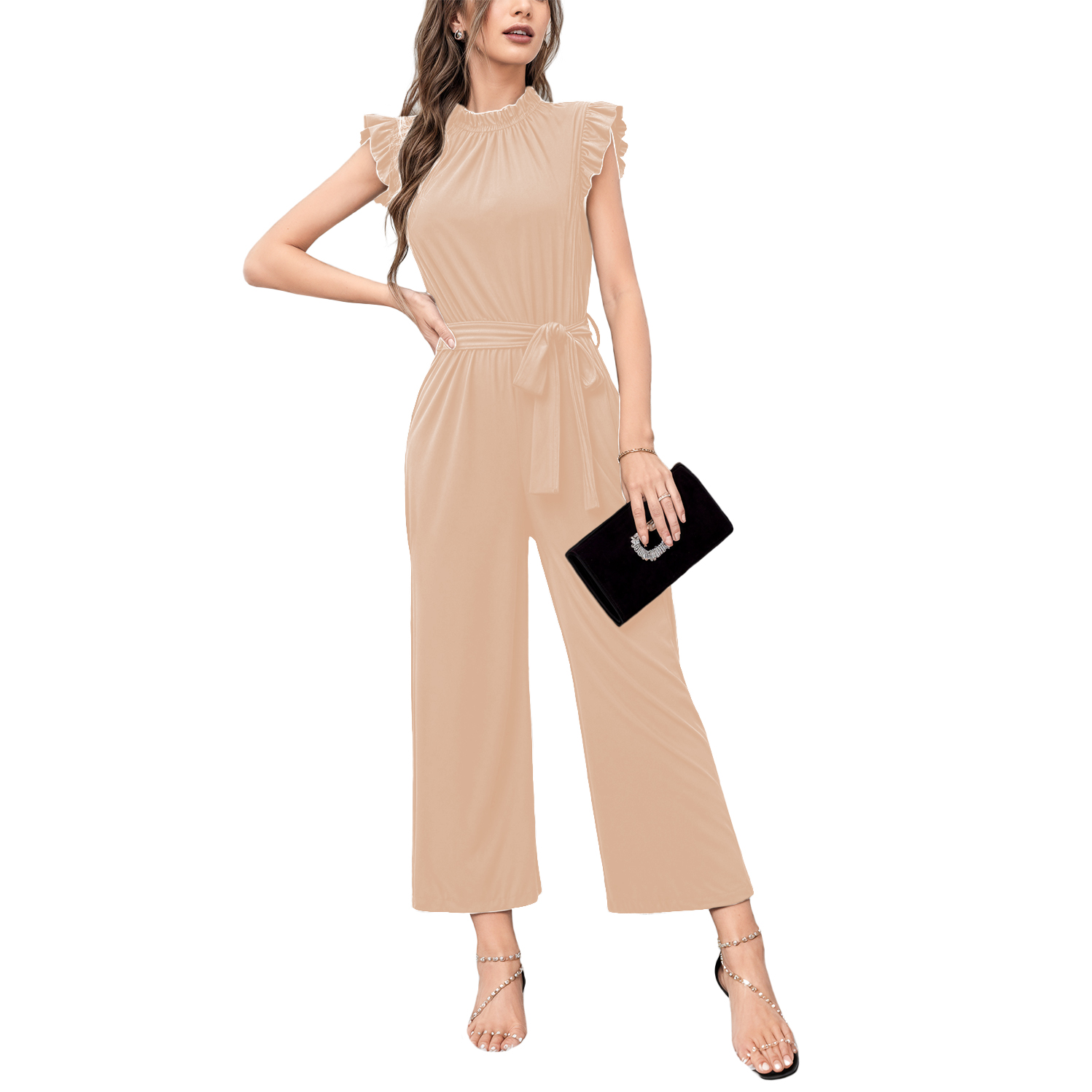 Jumper palazzo enterizo mono jumpsuit casual elegante xally 2302 cuello redondo cinturón manga circular