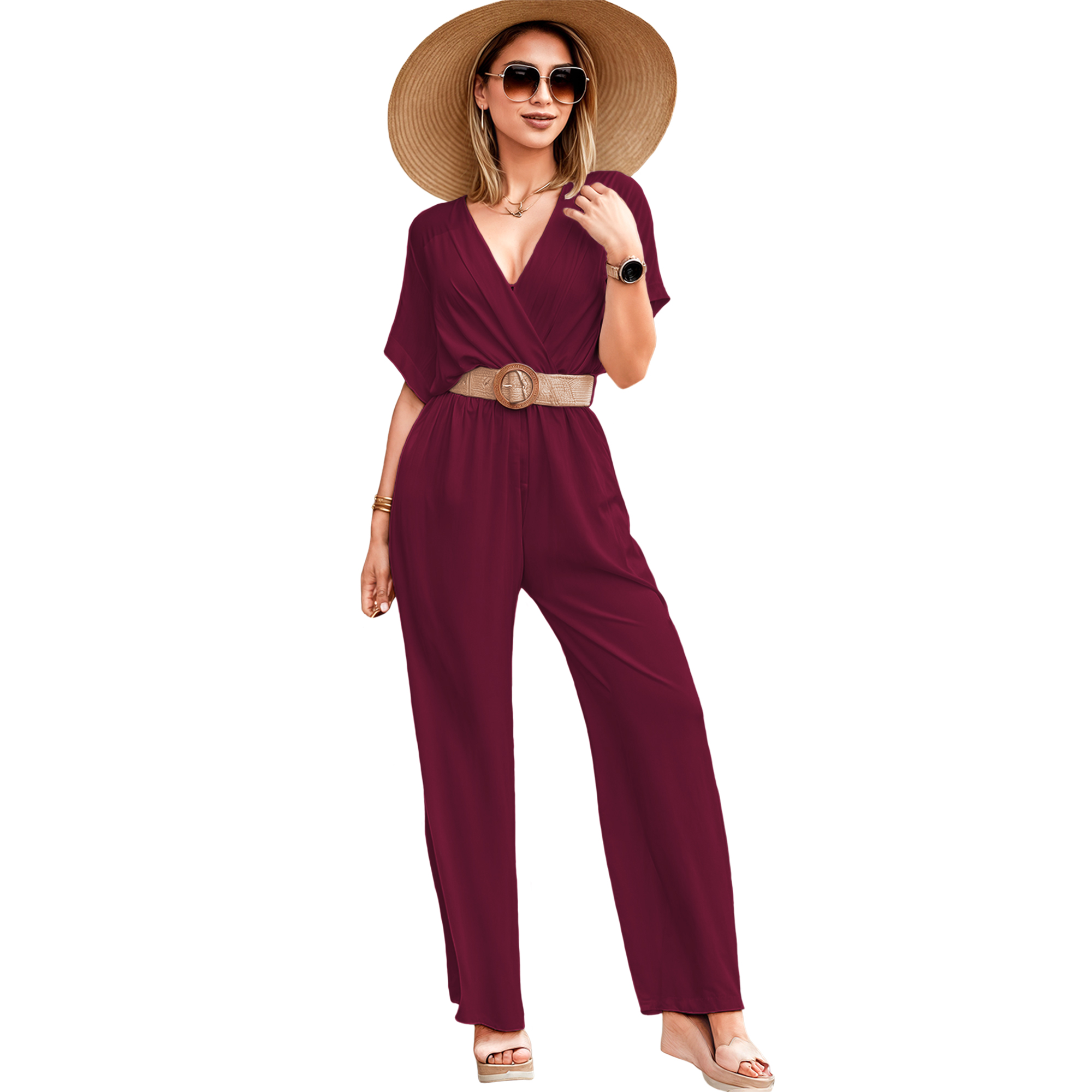 Jumper palazzo enterizo mono jumpsuit cruzado casual elegante xally 2318 escote V manga cuadrada