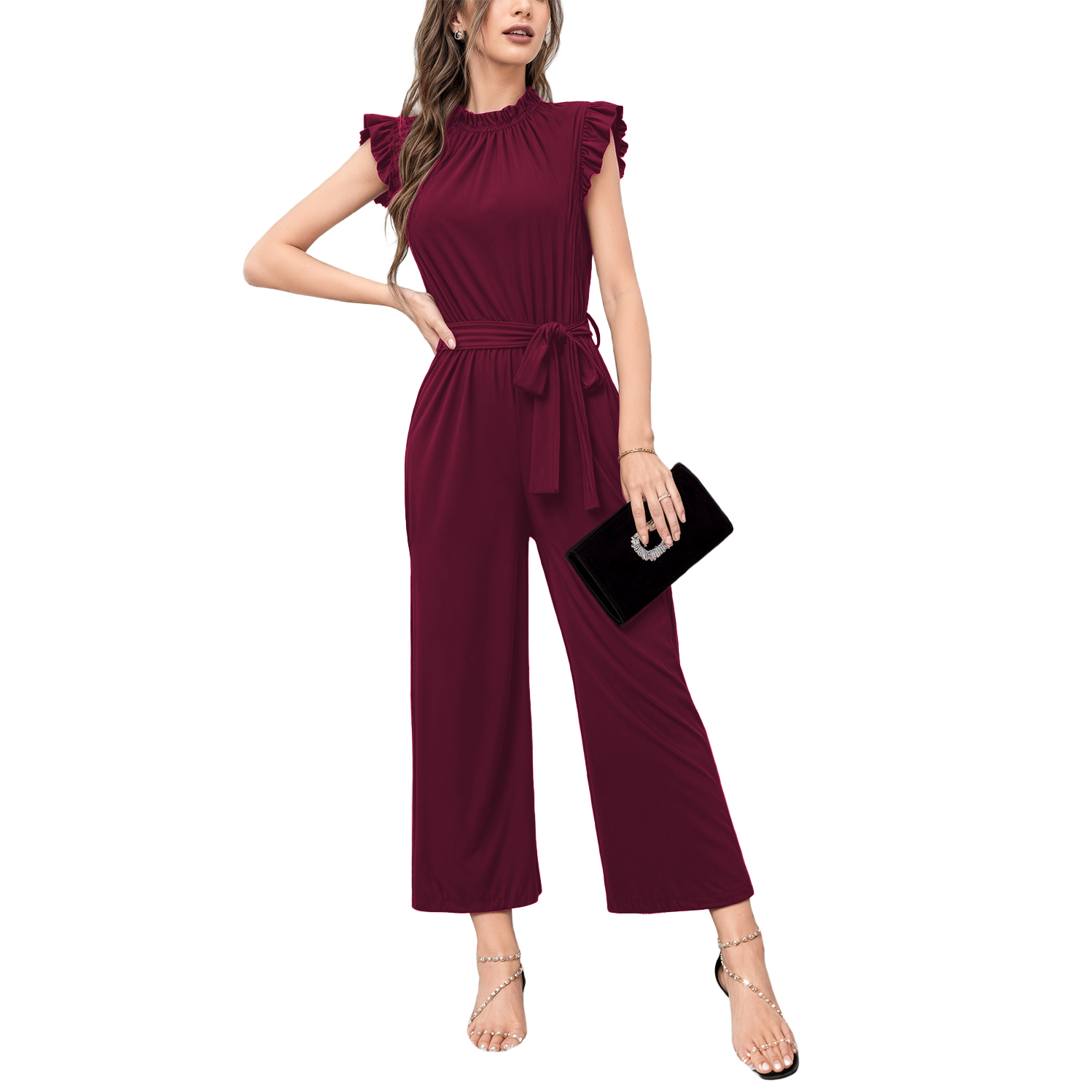 Jumper palazzo enterizo mono jumpsuit casual elegante xally 2302 cuello redondo cinturón manga circular