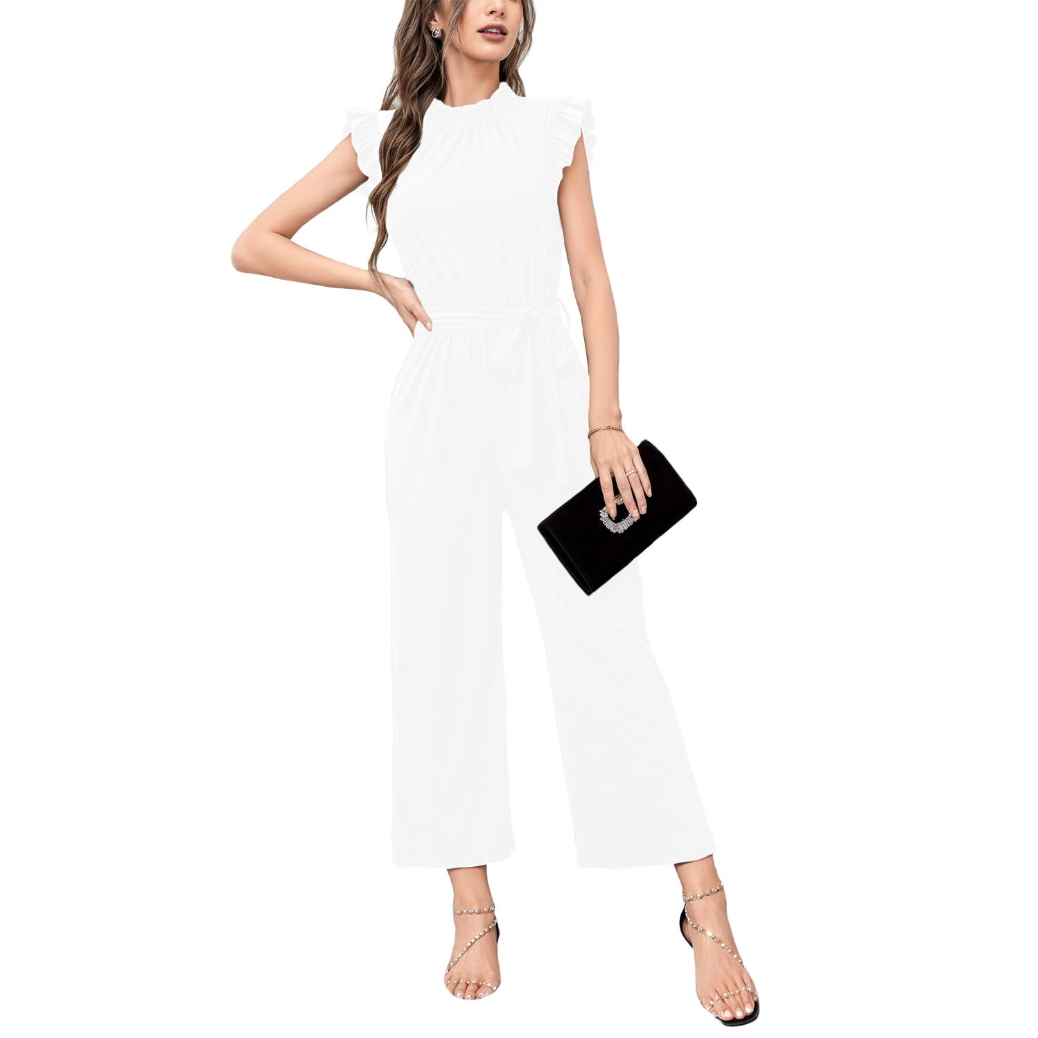 Jumper palazzo enterizo mono jumpsuit casual elegante xally 2302 cuello redondo cinturón manga circular