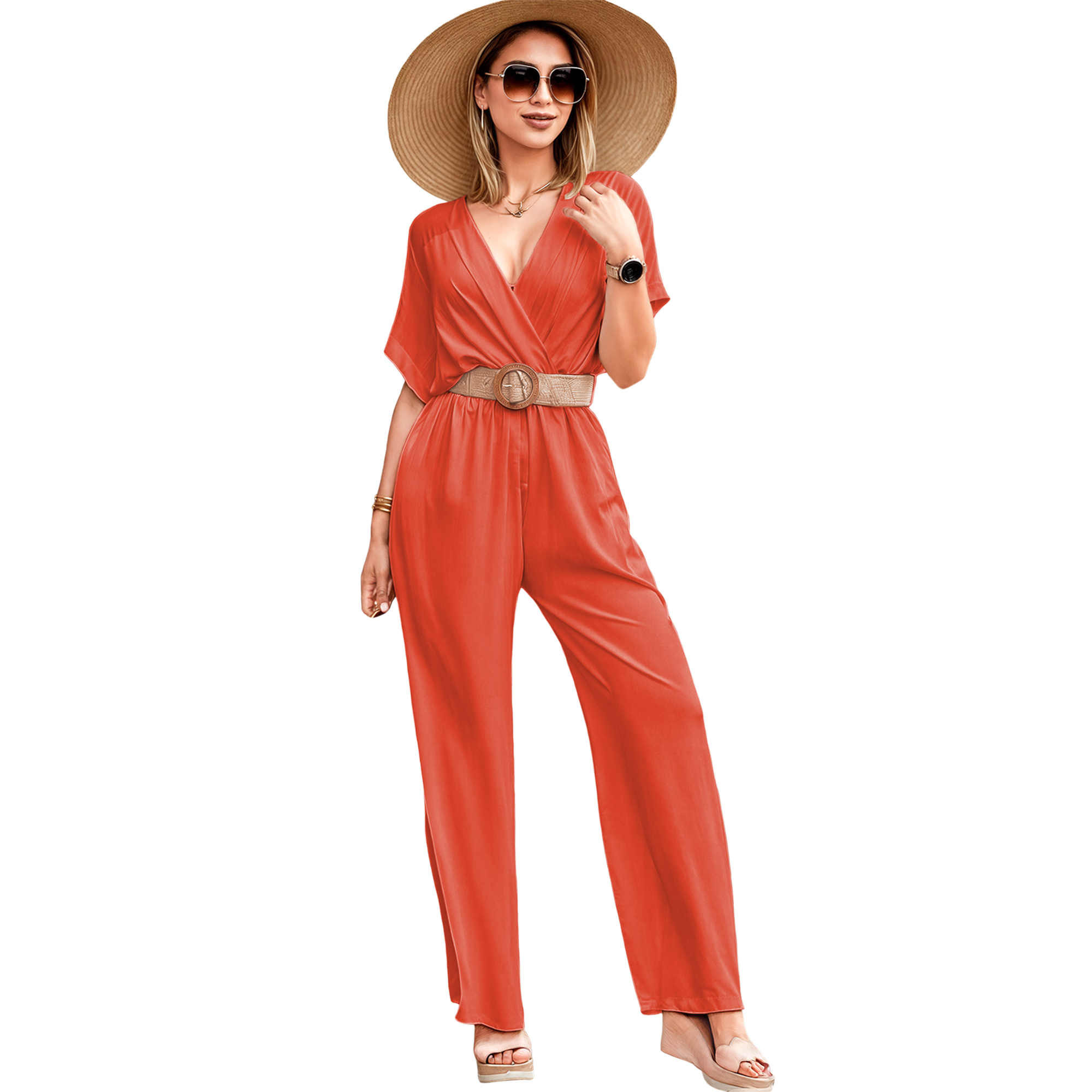 Jumper palazzo enterizo mono jumpsuit cruzado casual elegante xally 2318 escote V manga cuadrada