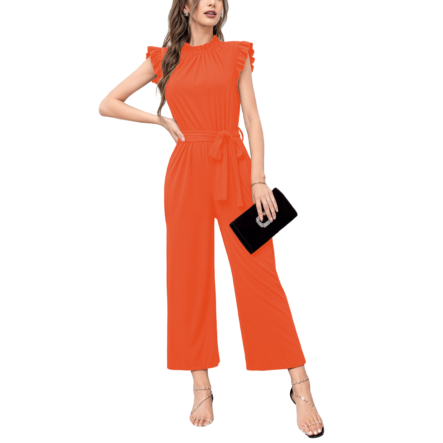 Jumper palazzo enterizo mono jumpsuit casual elegante xally 2302 cuello redondo cinturón manga circular