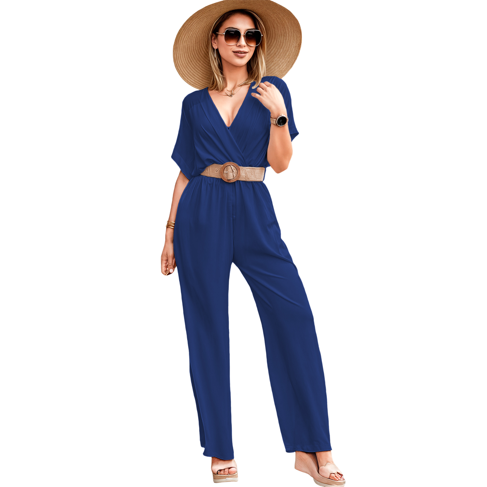 Jumper palazzo enterizo mono jumpsuit cruzado casual elegante xally 2318 escote V manga cuadrada