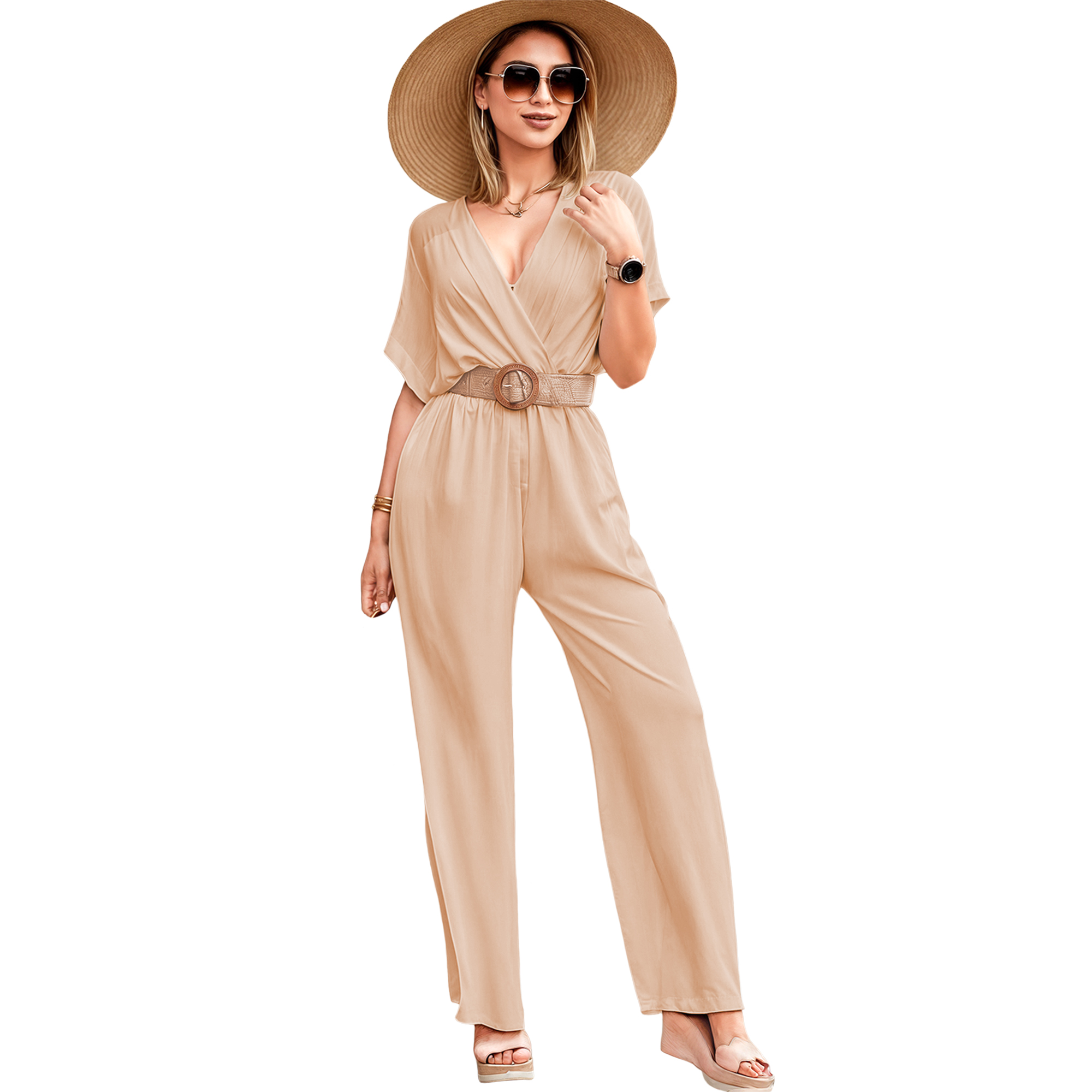 Jumper palazzo enterizo mono jumpsuit cruzado casual elegante xally 2318 escote V manga cuadrada