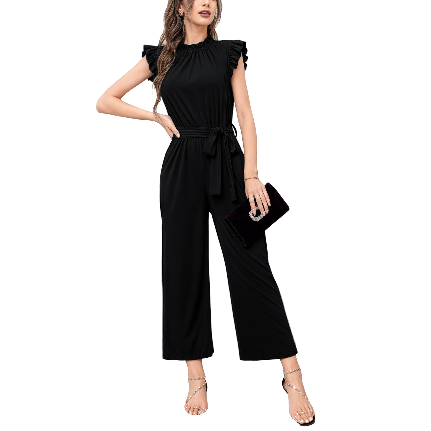 Jumper palazzo enterizo mono jumpsuit casual elegante xally 2302 cuello redondo cinturón manga circular