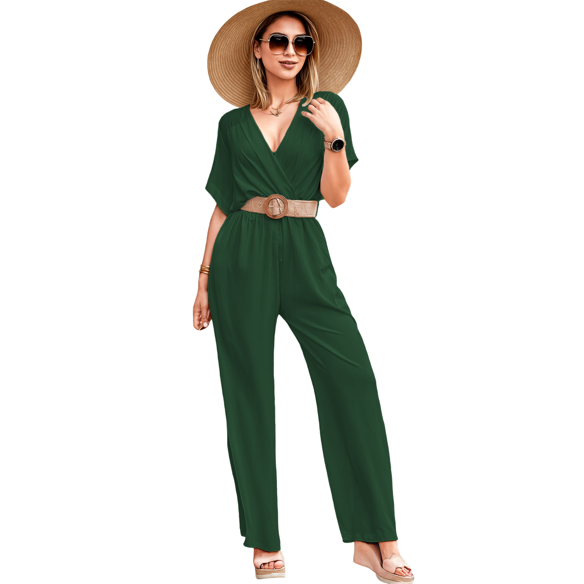 Jumper palazzo enterizo mono jumpsuit cruzado casual elegante xally 2318 escote V manga cuadrada