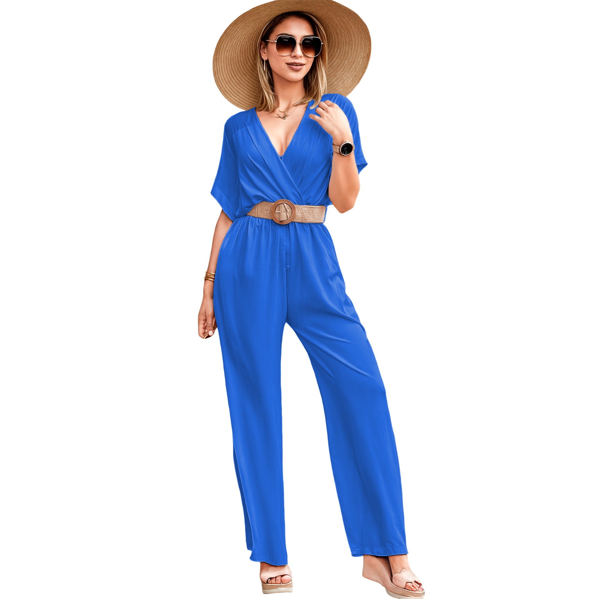 Jumper palazzo enterizo mono jumpsuit cruzado casual elegante xally 2318 escote V manga cuadrada