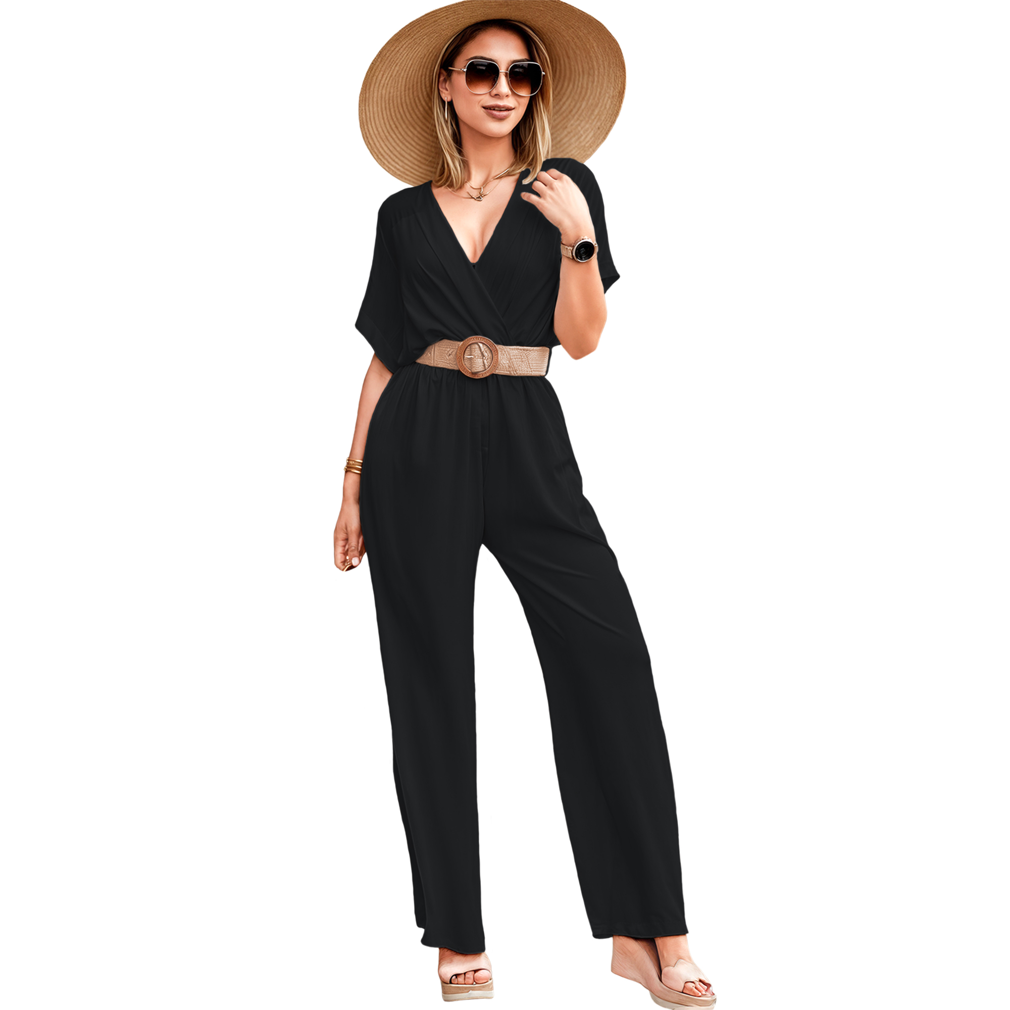 Jumper palazzo enterizo mono jumpsuit cruzado casual elegante xally 2318 escote V manga cuadrada