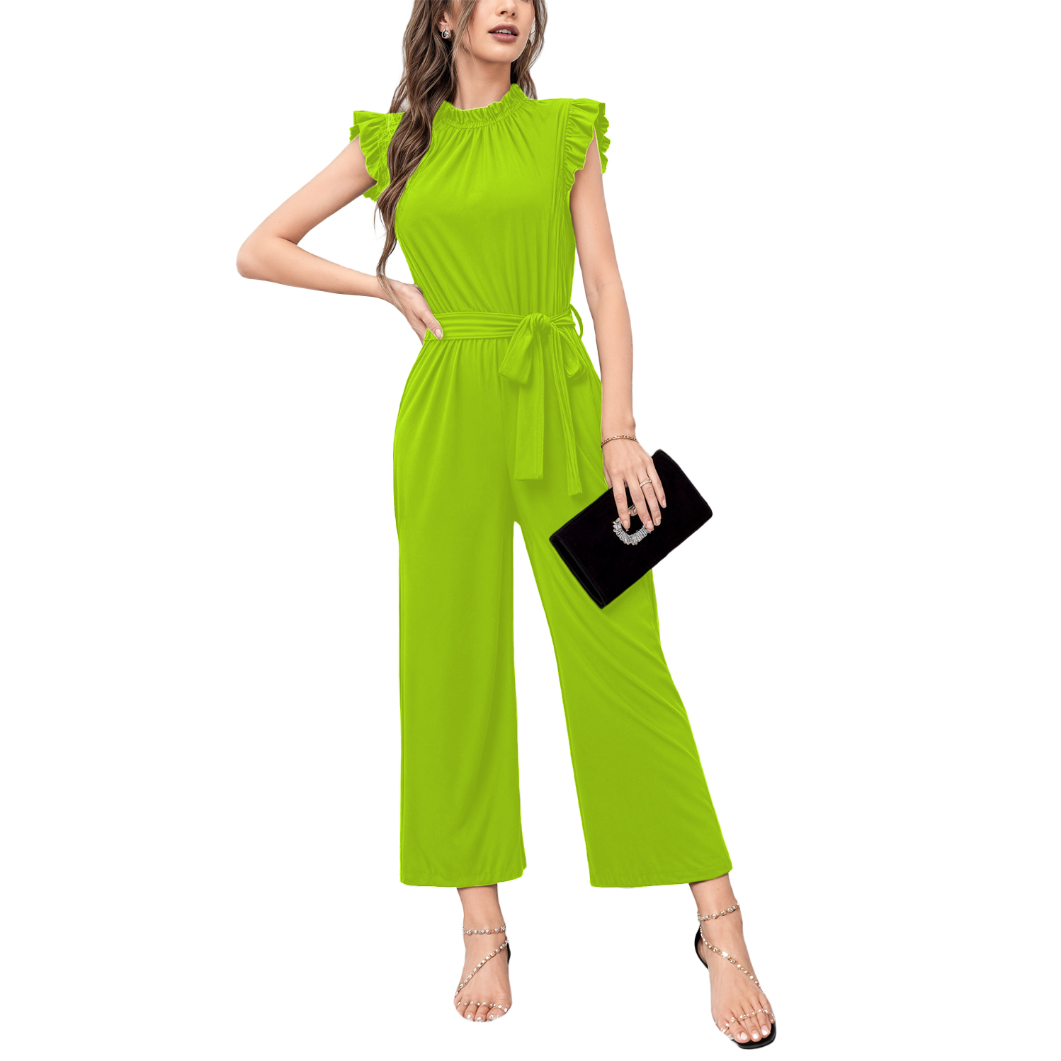 Jumper palazzo enterizo mono jumpsuit casual elegante xally 2302 cuello redondo cinturón manga circular