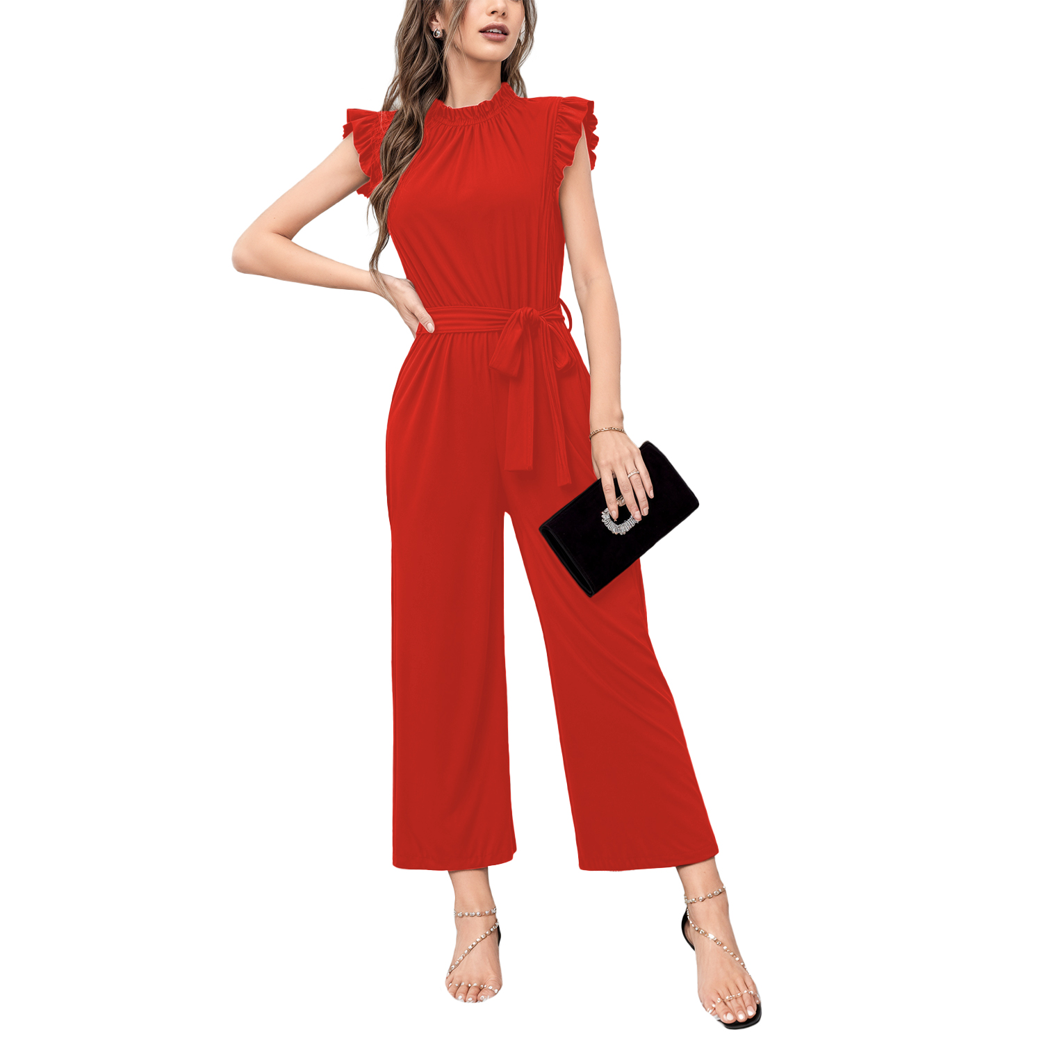 Jumper palazzo enterizo mono jumpsuit casual elegante xally 2302 cuello redondo cinturón manga circular