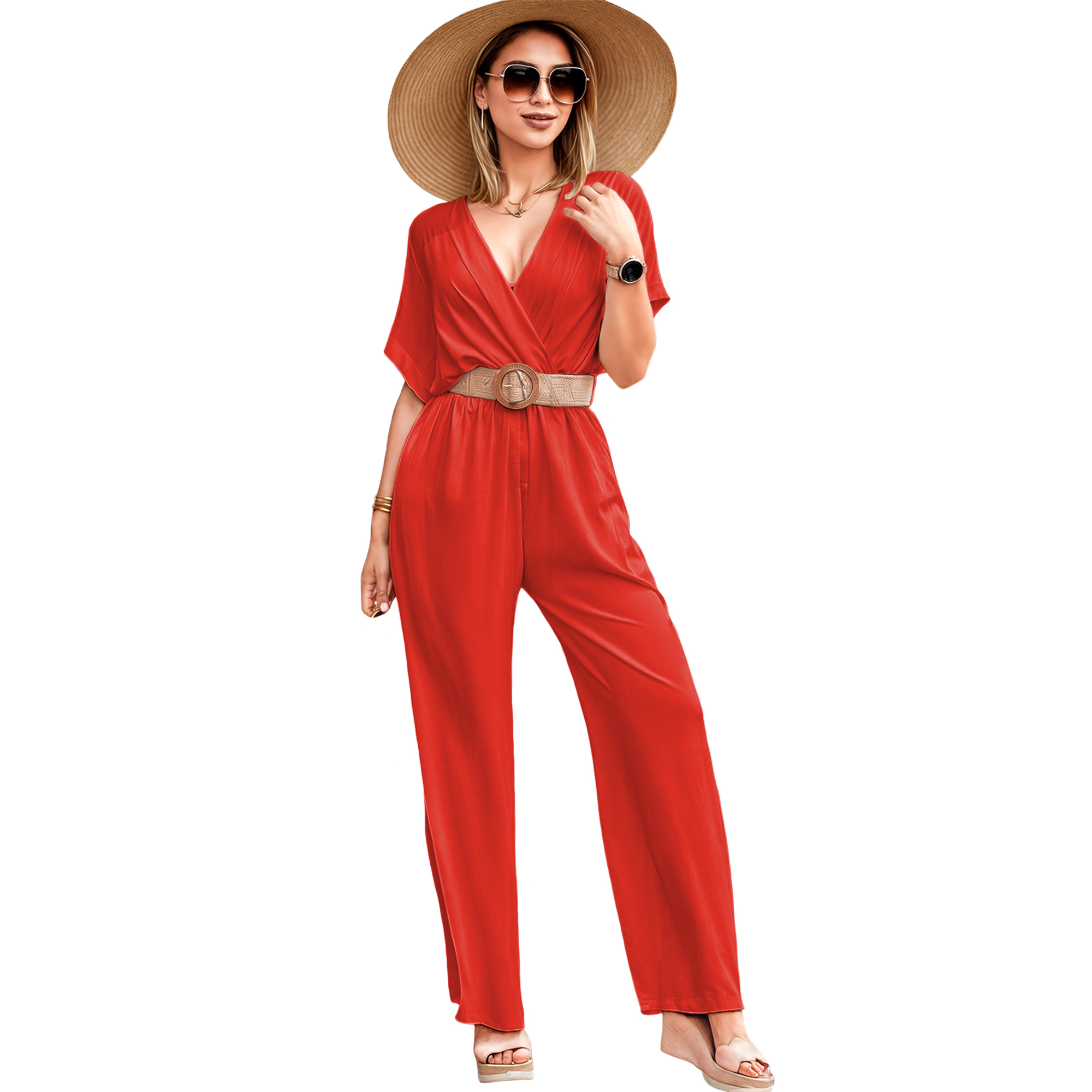 Jumper palazzo enterizo mono jumpsuit cruzado casual elegante xally 2318 escote V manga cuadrada