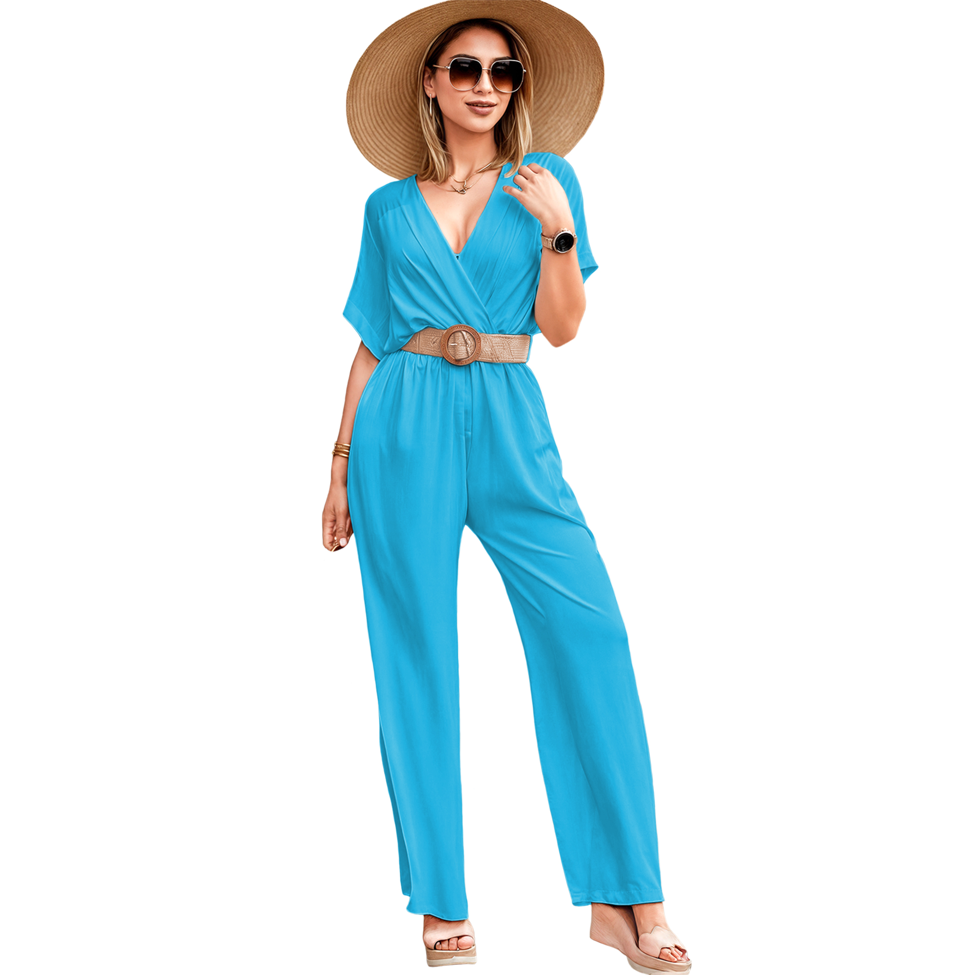 Jumper palazzo enterizo mono jumpsuit cruzado casual elegante xally 2318 escote V manga cuadrada