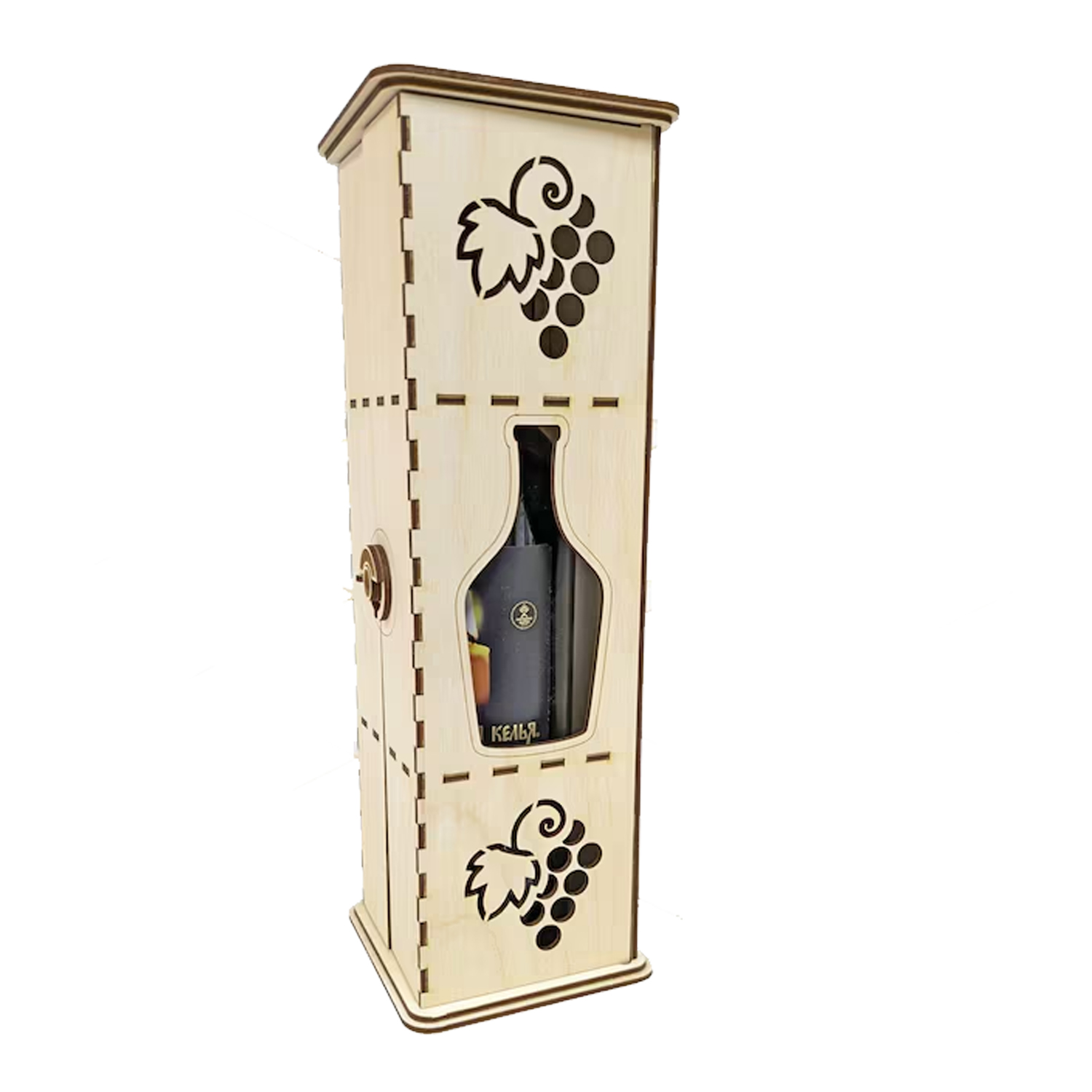 Estuche de vino en madera con ventana y detalles decorativos de uvas