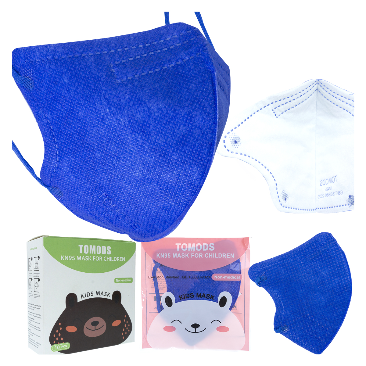 Kn95 Mascarillas Cubrebocas Infantil Caja10pz Colores Tomods Azul Rey.