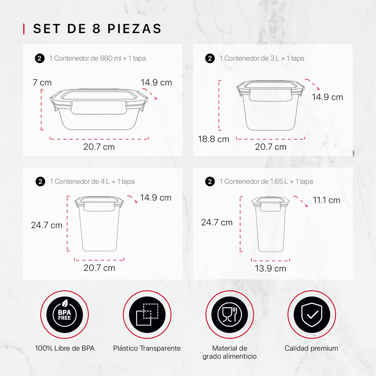 Recipientes de Plástico Herméticos para Alimentos 4 Contenedores con 4 Tapas - Organizadores Cookify