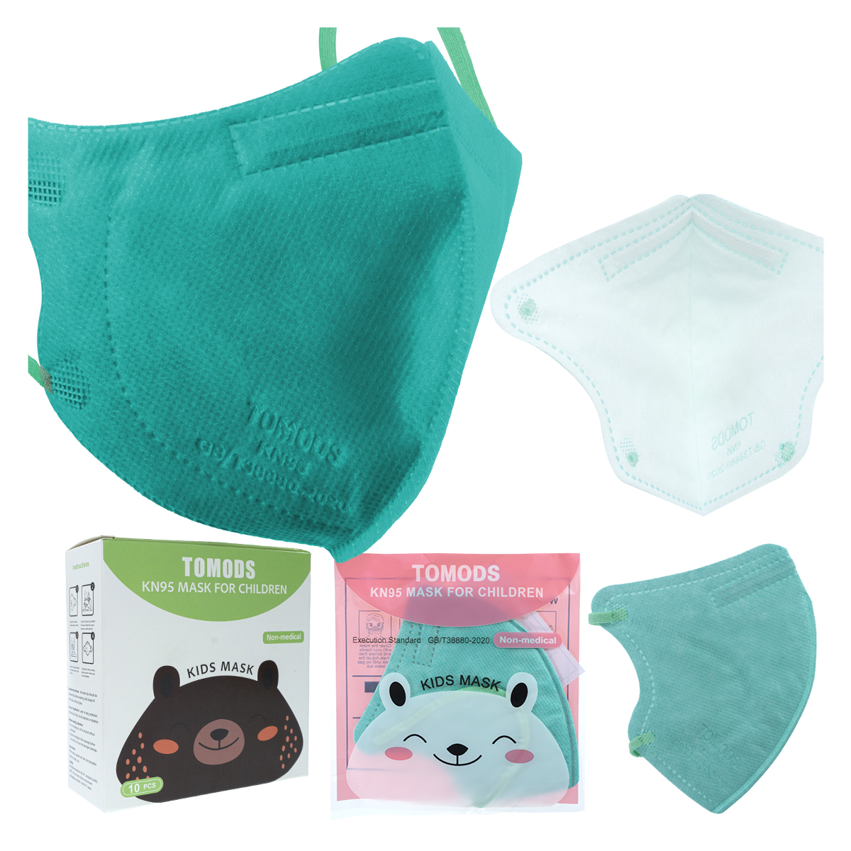 Kn95 Mascarillas Cubrebocas Infantil Caja10pz Colores Tomods Turquesa.