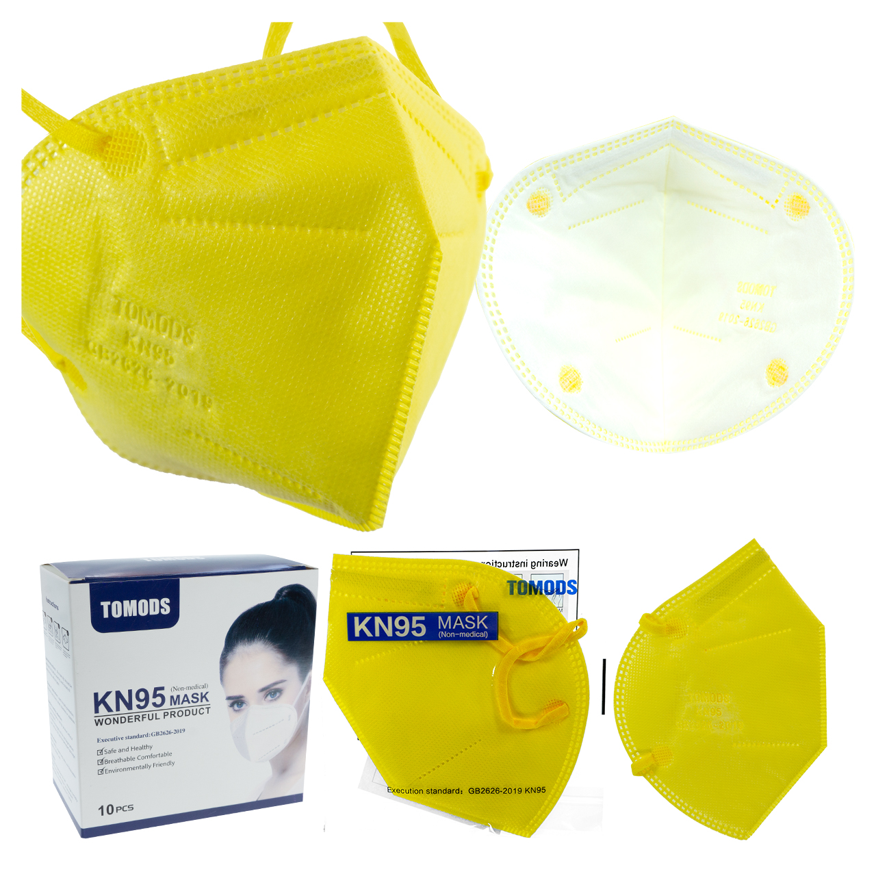 Kn95 Mascarillas Cubrebocas Lavables Caja10pz Colores Tomods Amarillo