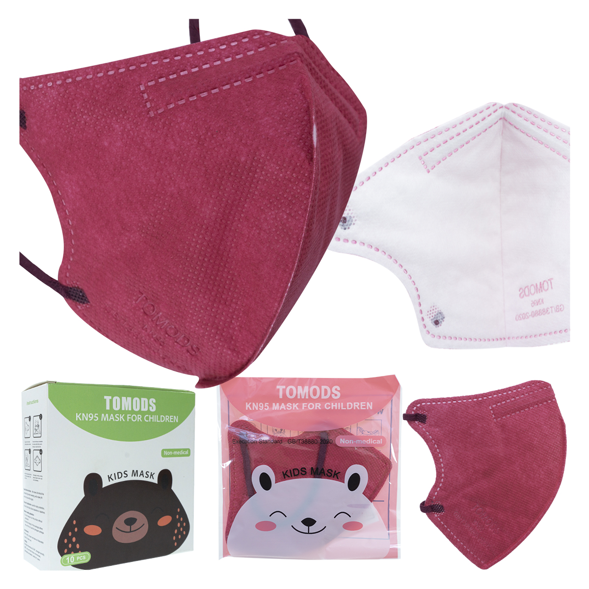 Kn95 Mascarillas Cubrebocas Infantil Caja10pz Colores Tomods Vino.