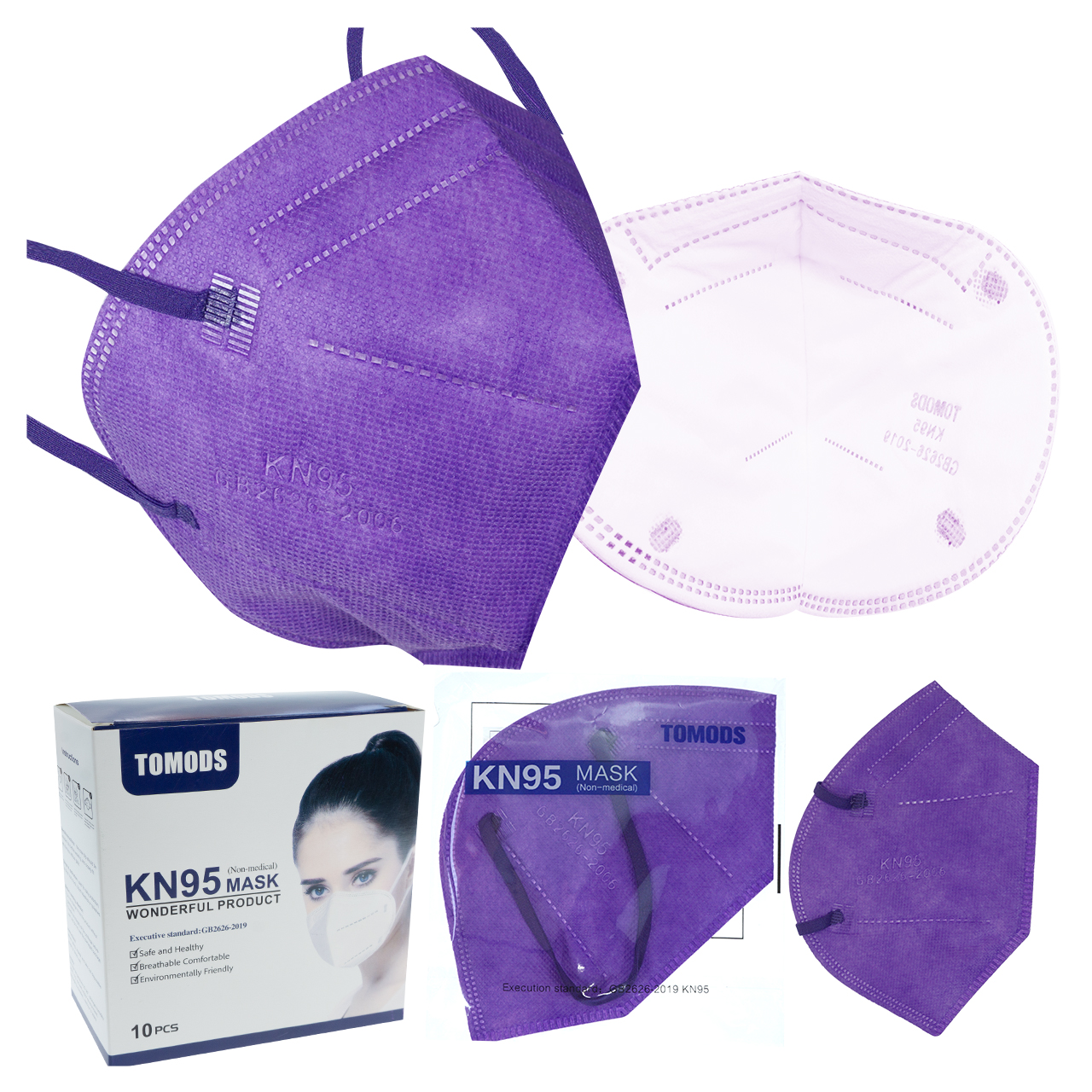 Kn95 Mascarillas Cubrebocas Lavables Caja10pz Colores Tomods Morado.