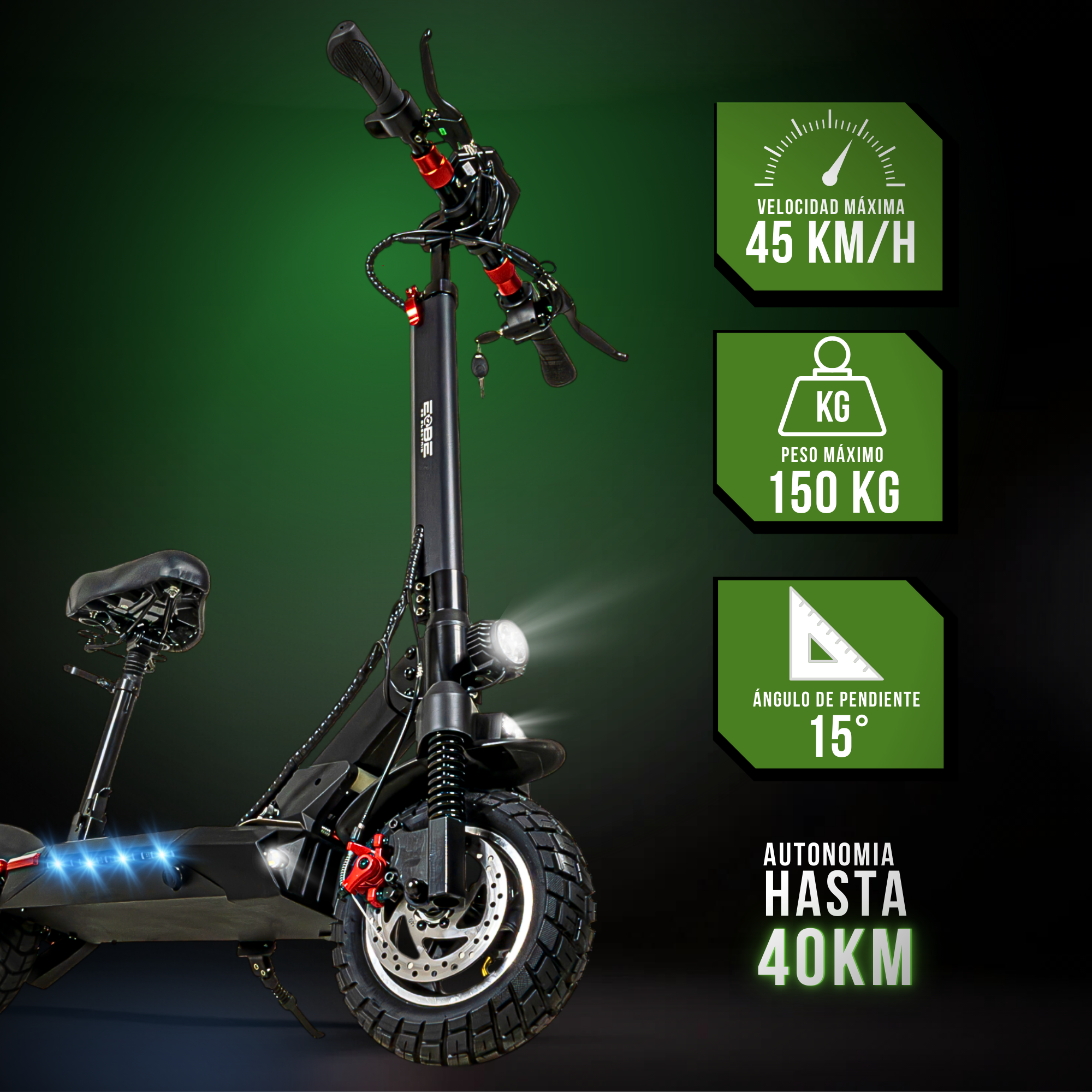 Scooter Electrico Plegable e-Be Asiento Vel 50km/h Luz Led 600 W