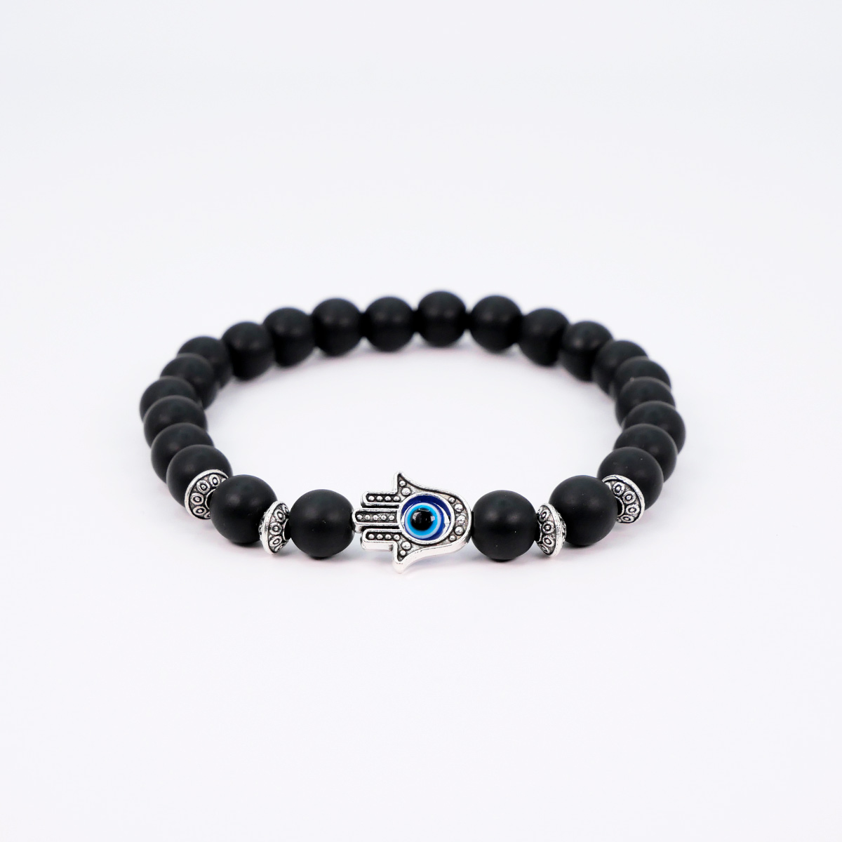 Pulsera ojo turco hombre Mano de Fátima con piedra onix mate.