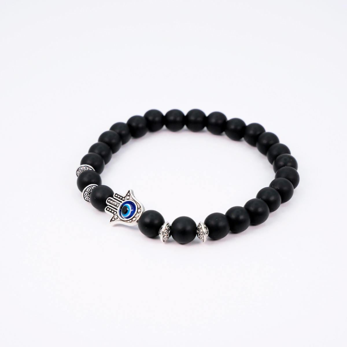 Pulsera ojo turco hombre Mano de Fátima con piedra onix mate.