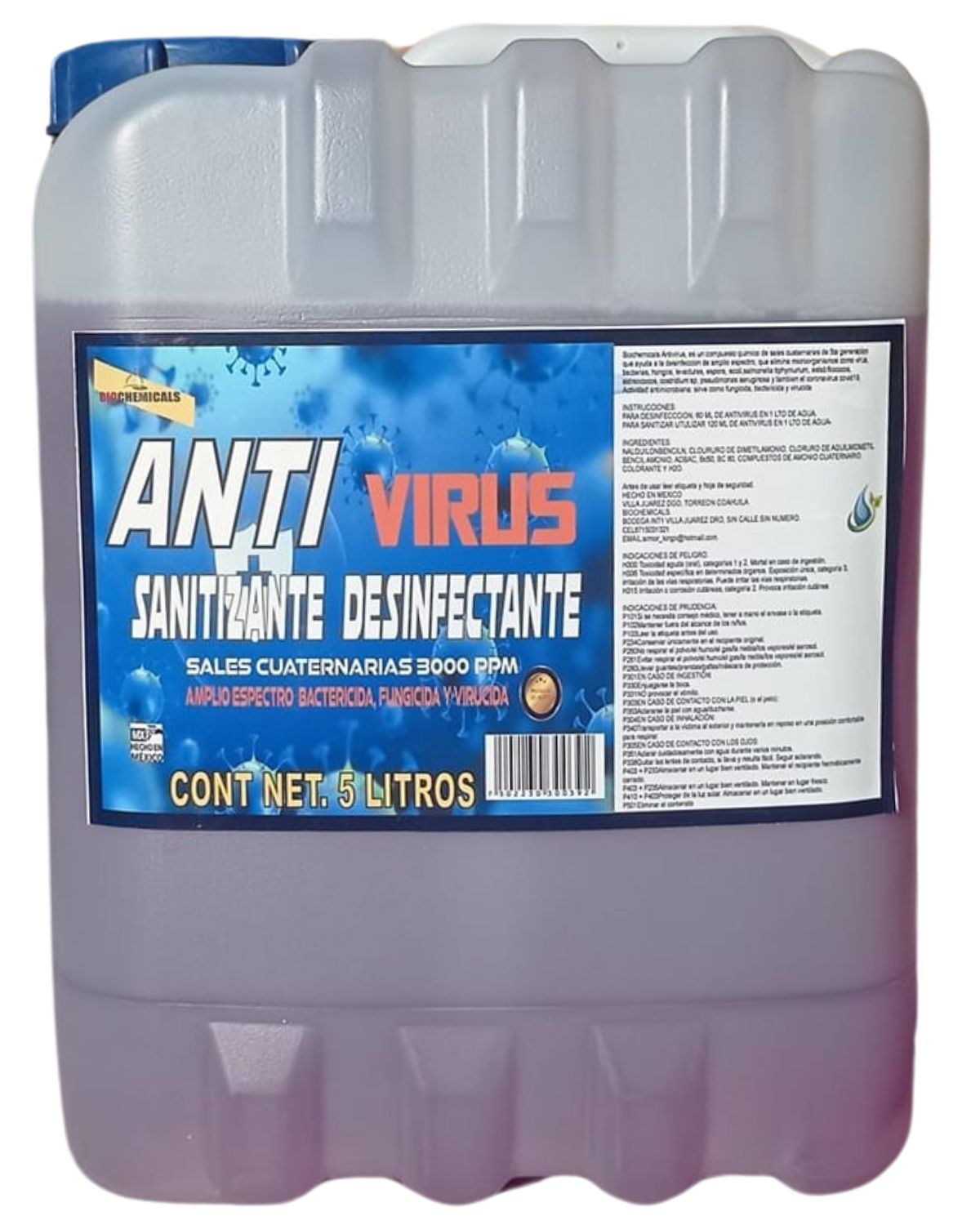 Sanitizante biodegradable Sales Cuaternarias De Amonio SIN AROMA 5 Lts