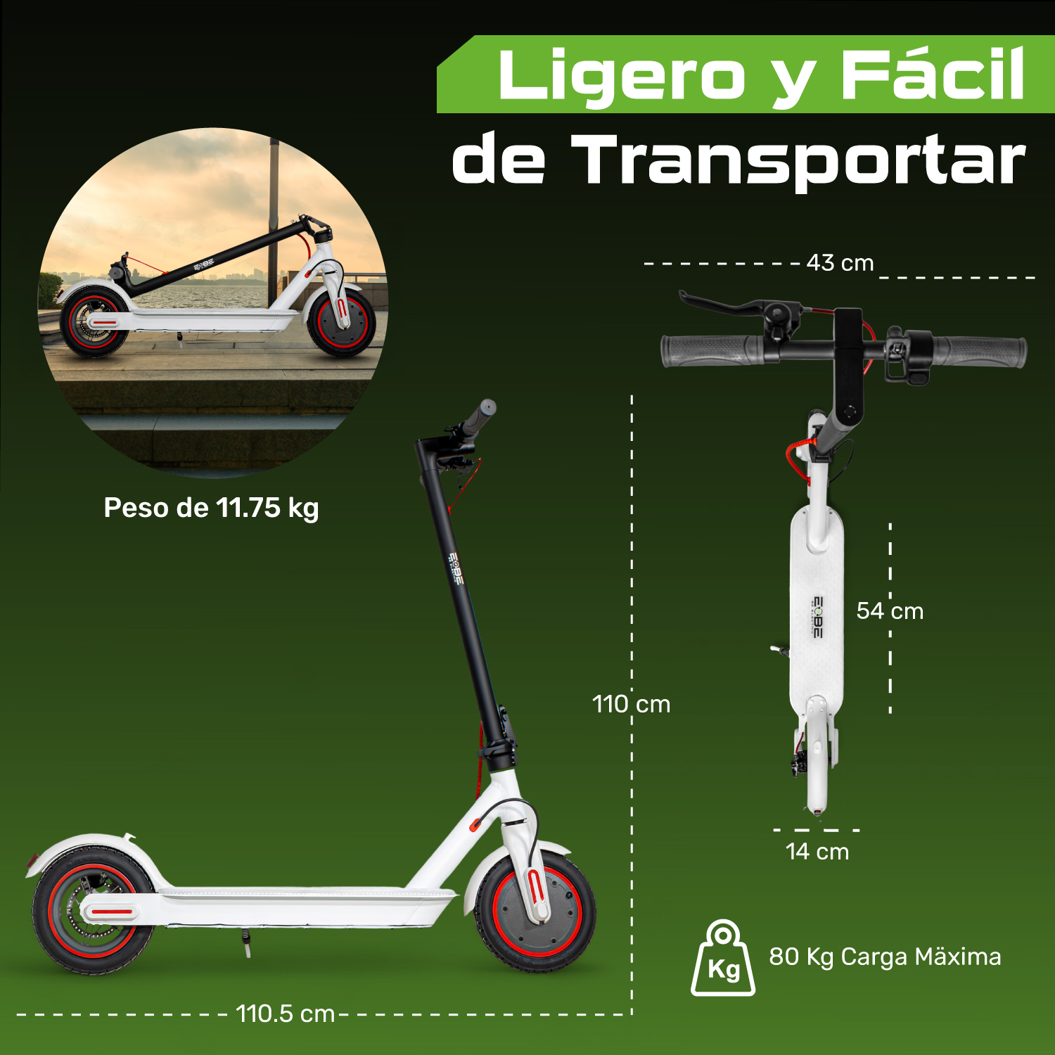 Scooter Electrico Plegable Pantalla Lcd 30km/h Luz Led 350 W Blanco E-Be
