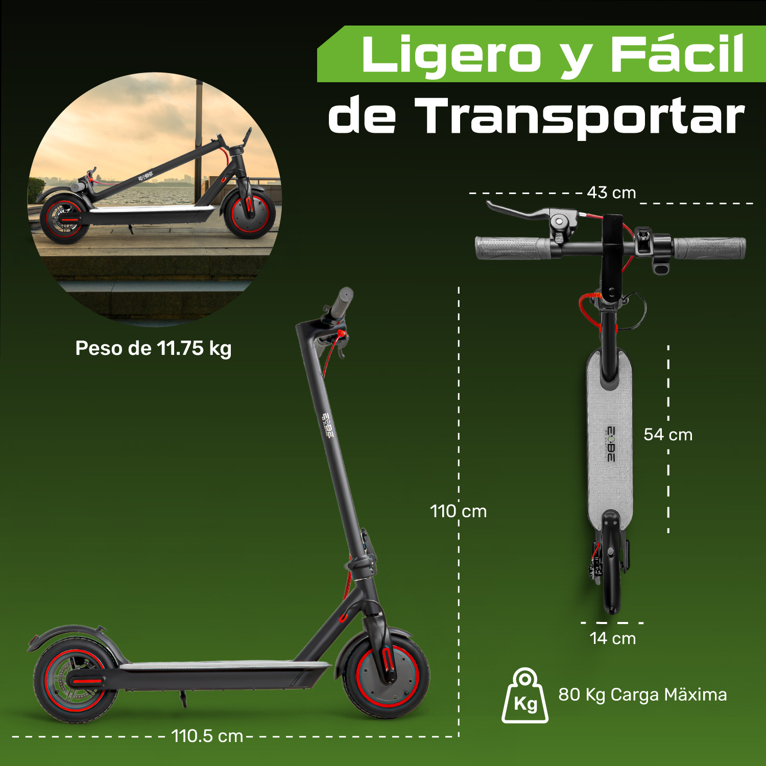 Scooter Electrico Plegable Pantalla Lcd 30km/h Luz Led 350 W Negro