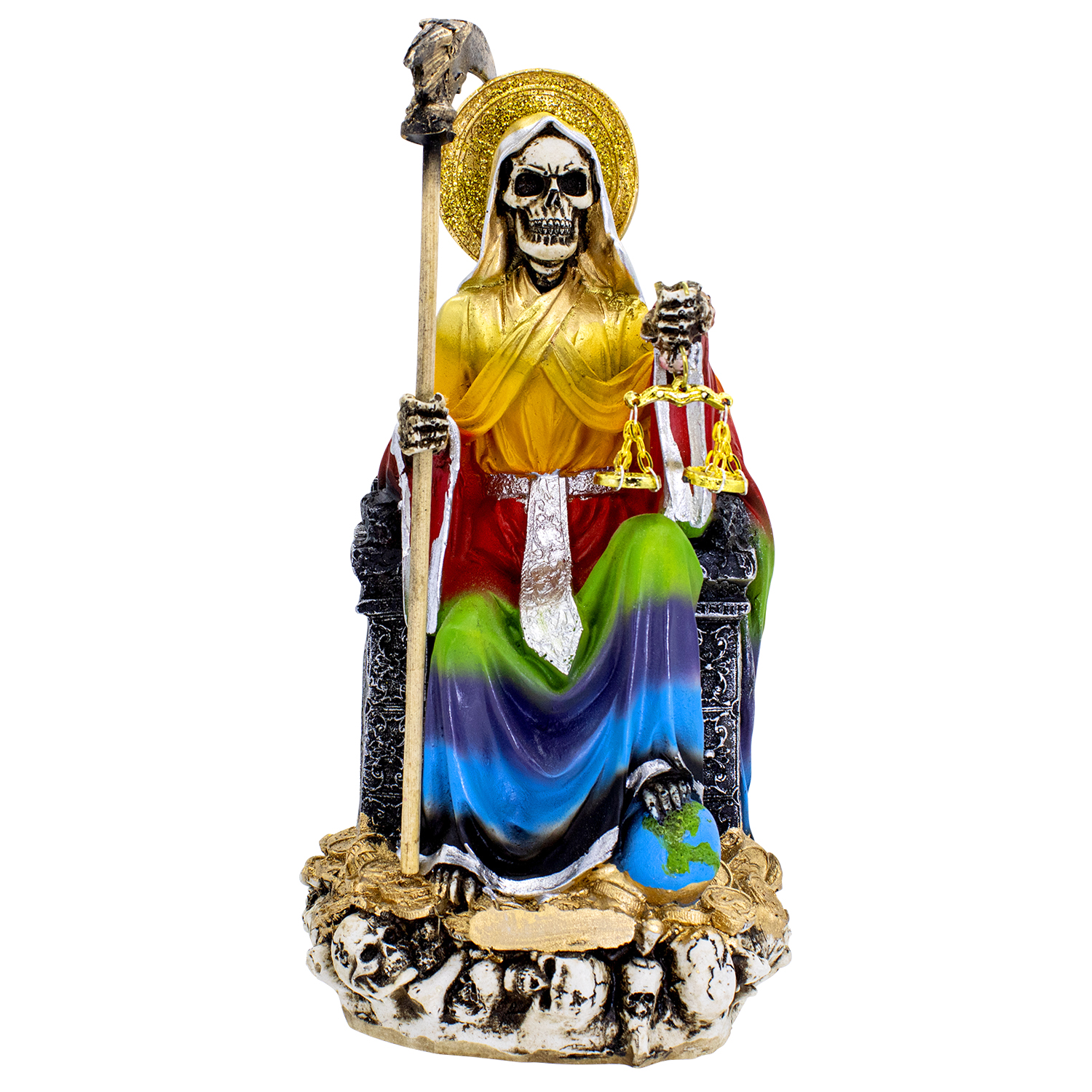 Santa Muerte 7 Potencias Suprema Sentada 30 Cm Curada + Libro