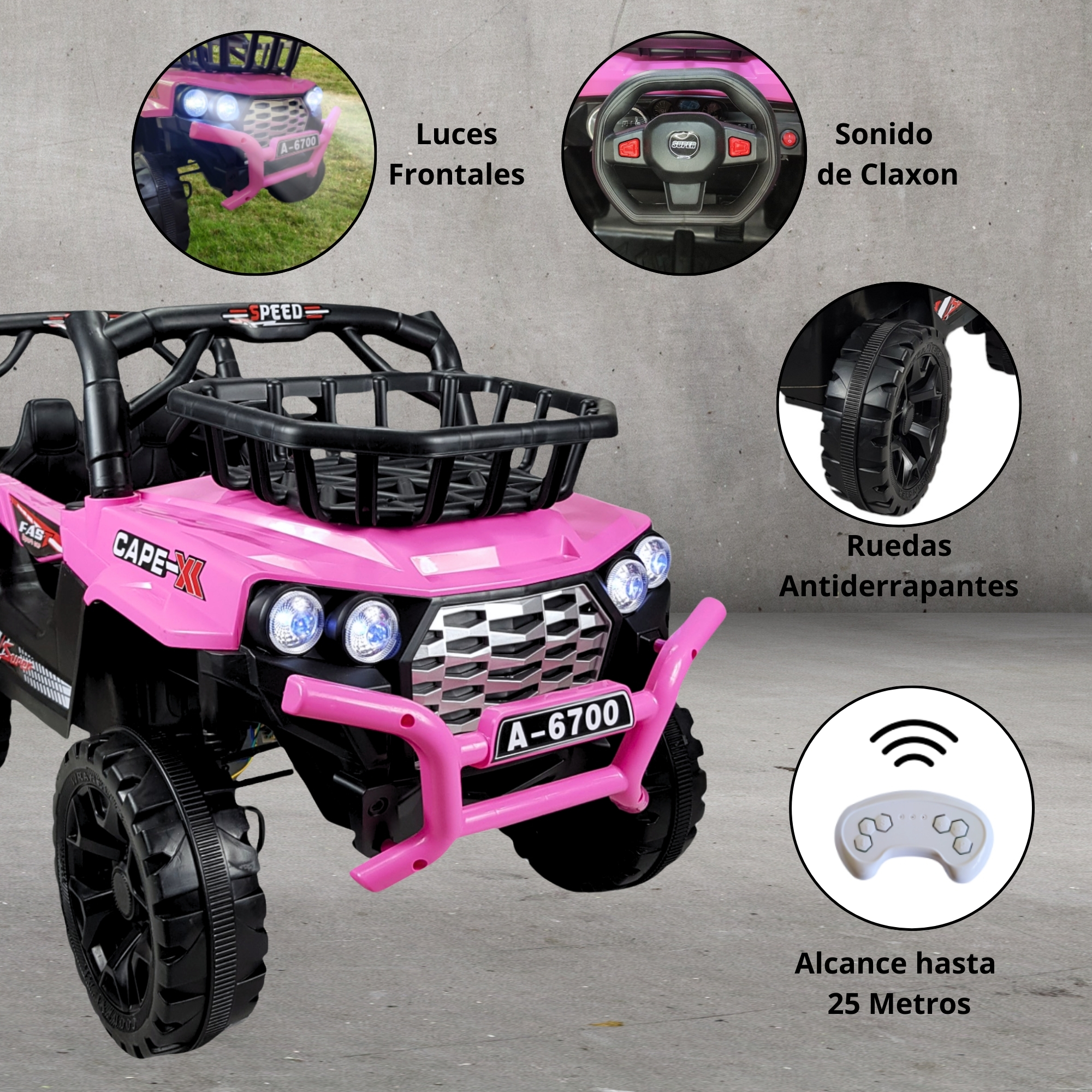 Montable Electrico Control Remoto 12v 4 Motores Musica Luz y Sonido  - Rosa