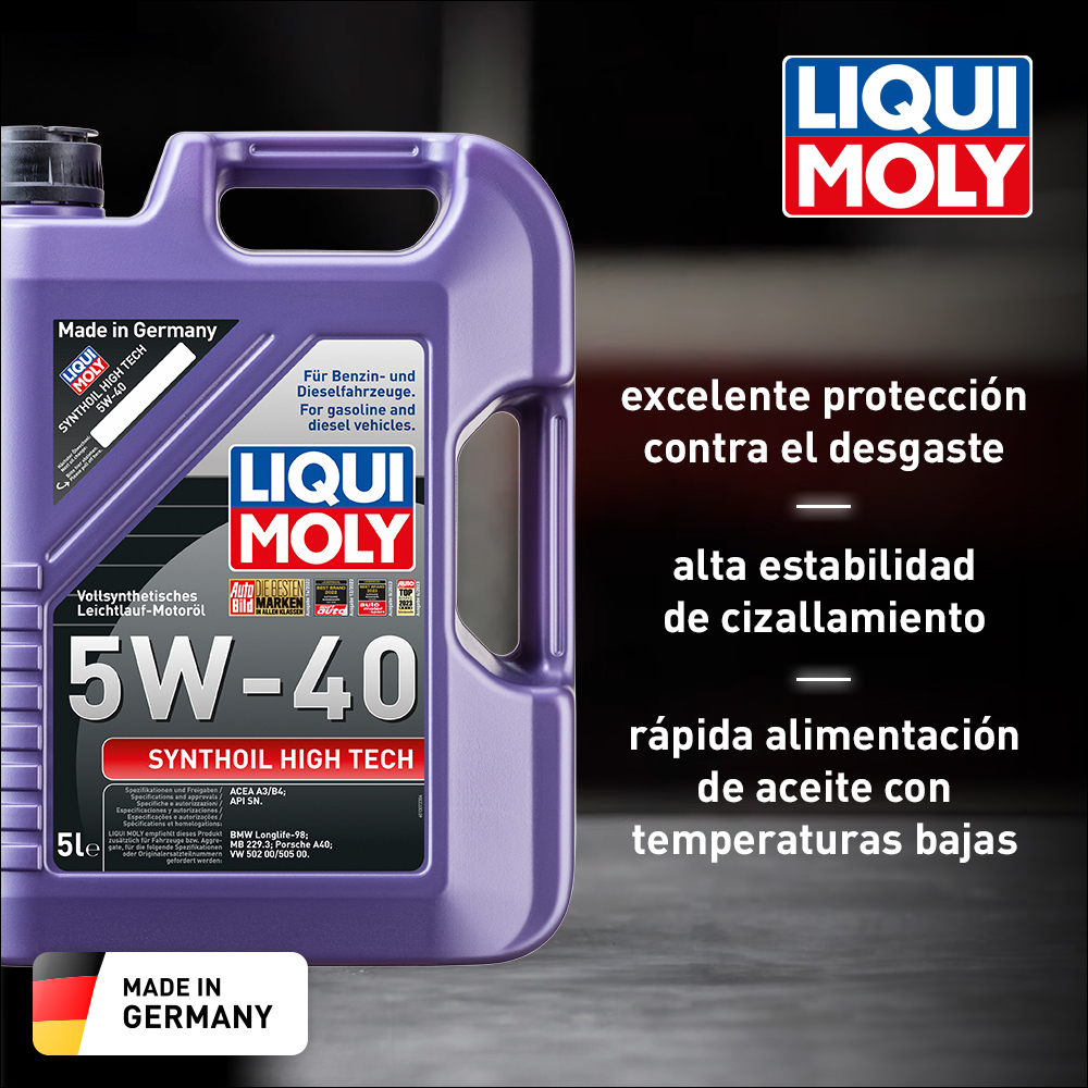 Aceite Sintético 5w40 Liqui Moly, Synthoil High Tech, 100% Sintético, 5 L