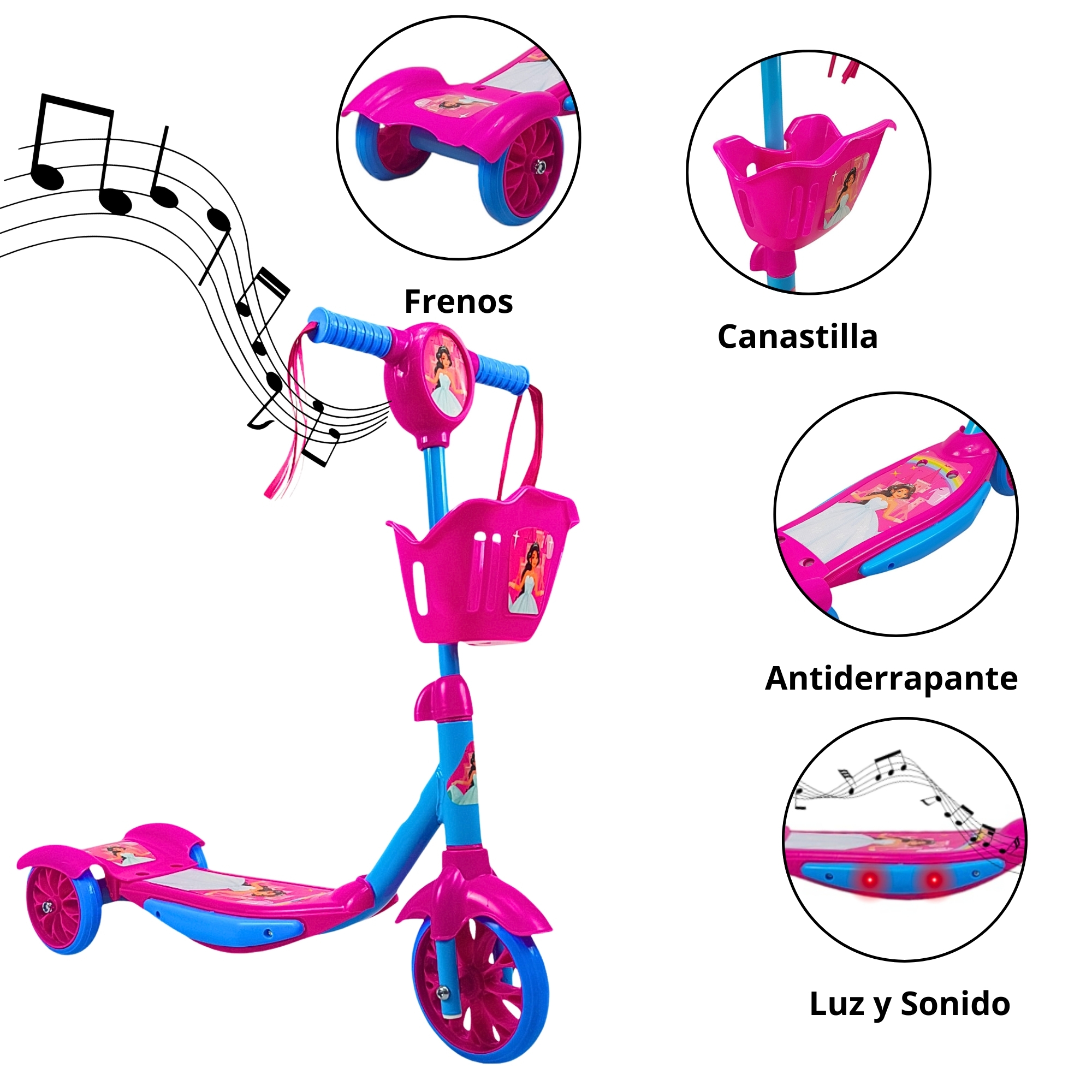 Scooter para Niños Patinete del Diablo Luces y Sonidos,Ajustable  - Rosa