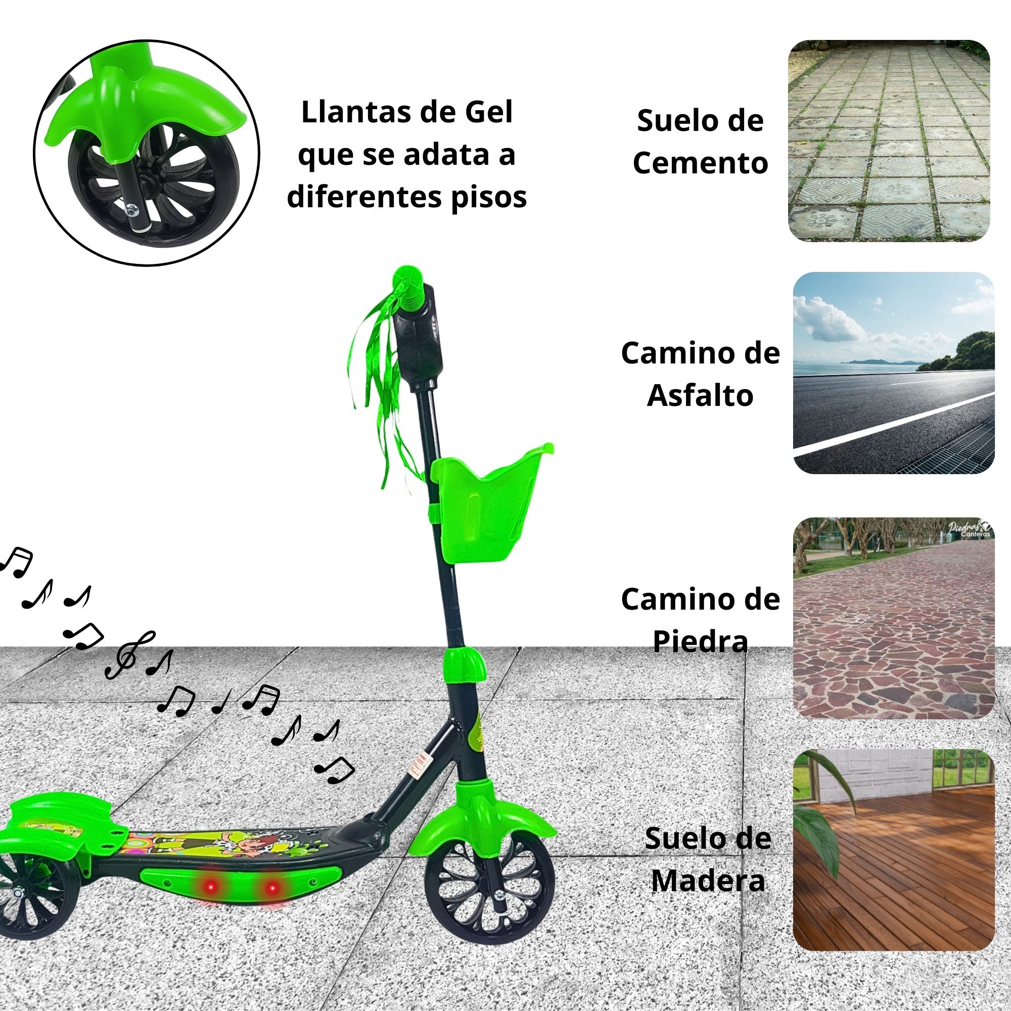 Scooter para Niños Patinete del Diablo Luces y Sonidos,Ajustable  - Verde