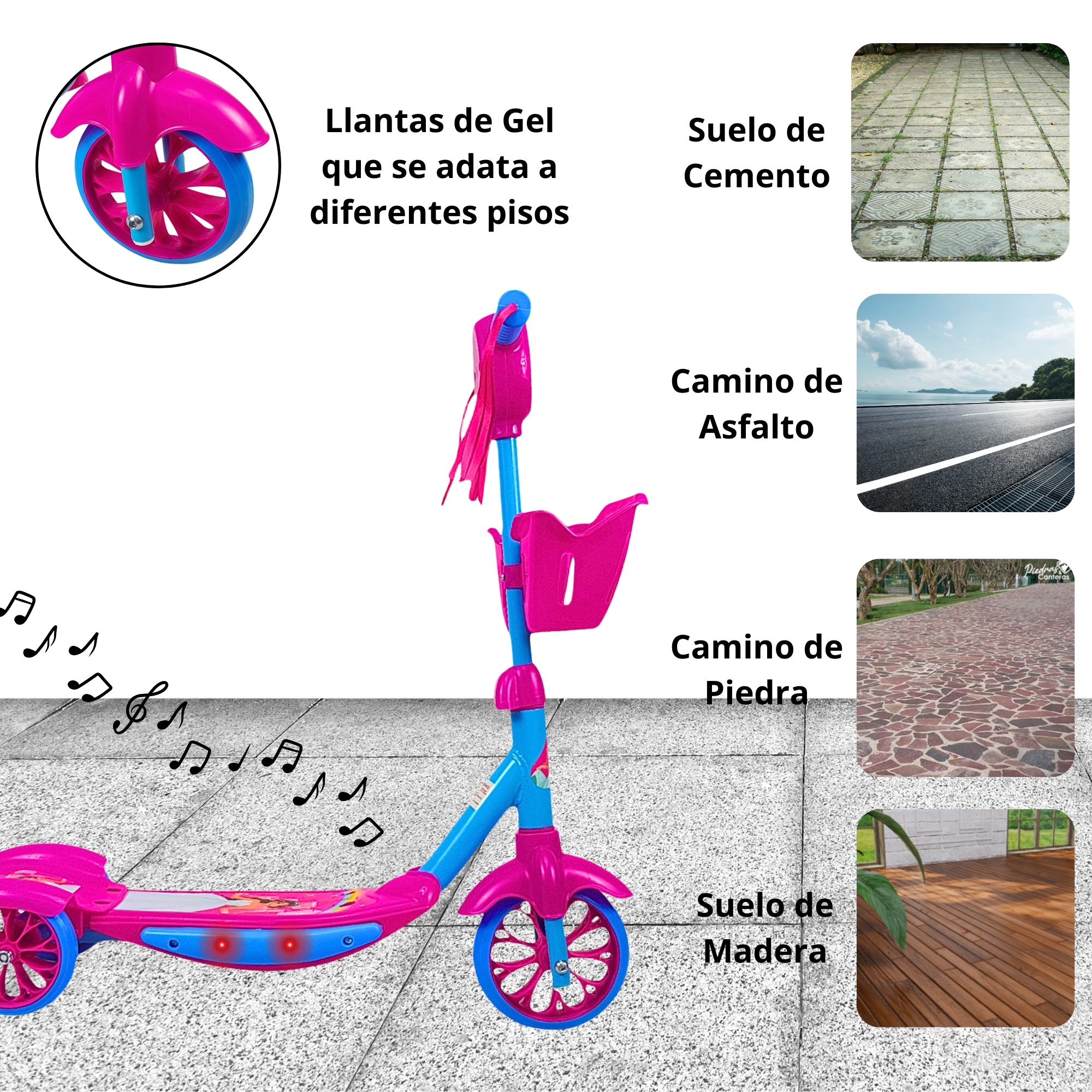 Scooter para Niños Patinete del Diablo Luces y Sonidos,Ajustable  - Rosa