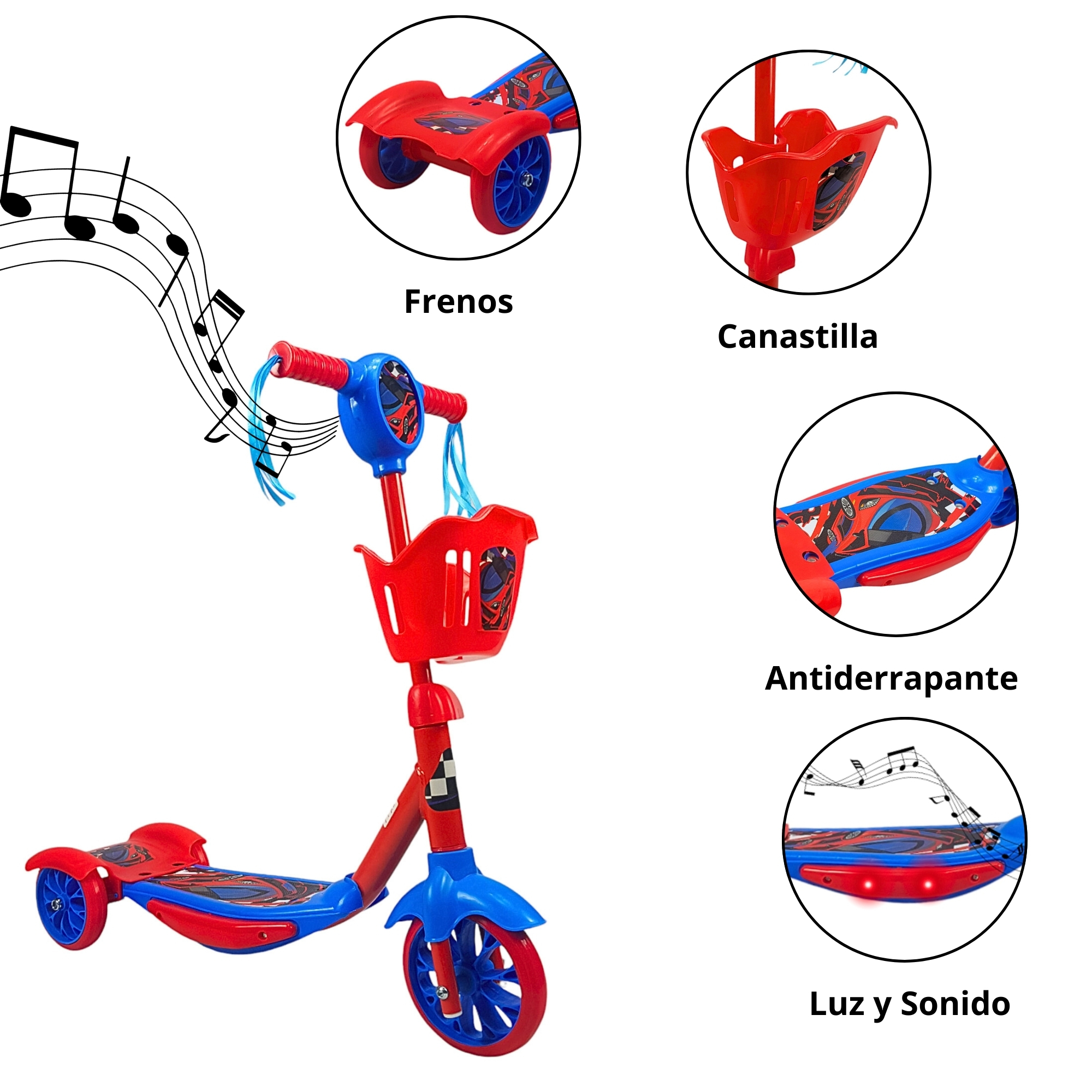Scooter para Niños Patinete del Diablo Luces y Sonidos,Ajustable  - Rojo